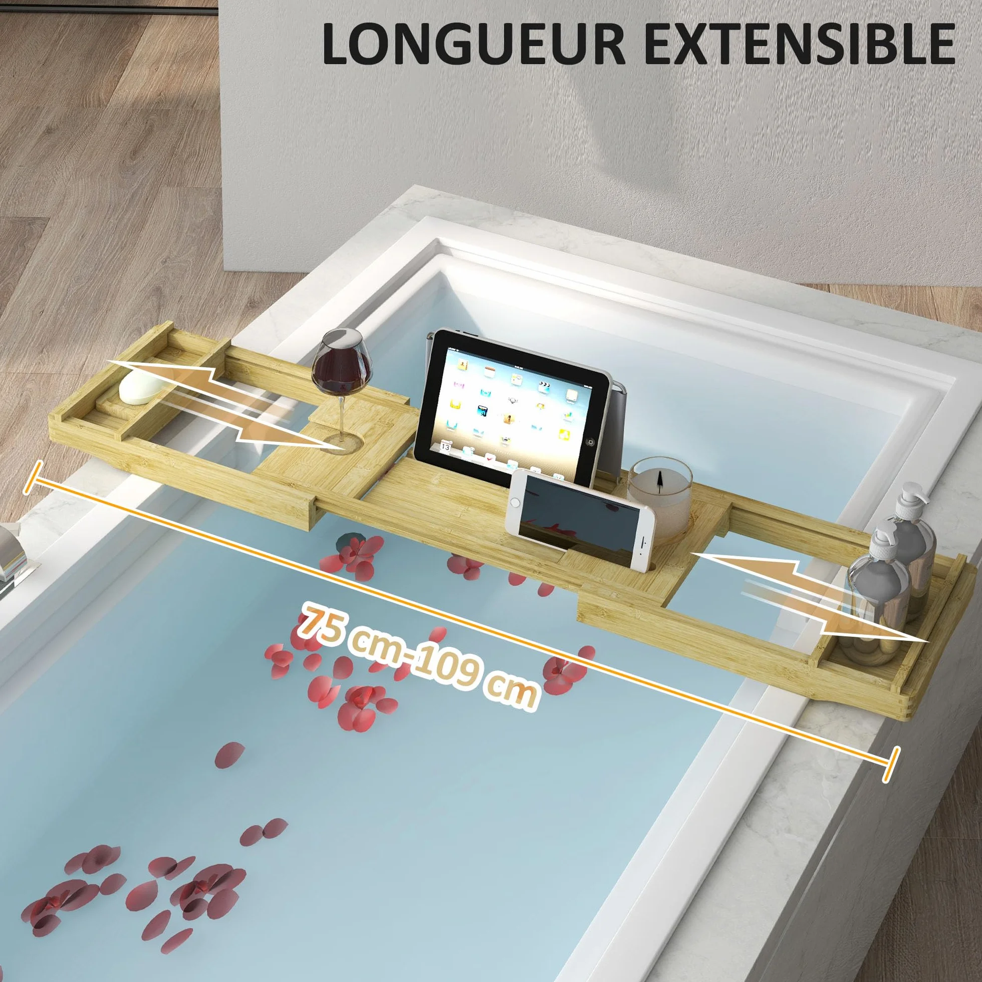 HOMCOM Pont étagère Plateau de Baignoire Extensible en Bambou 75-109 x 23 x 4,5 cm