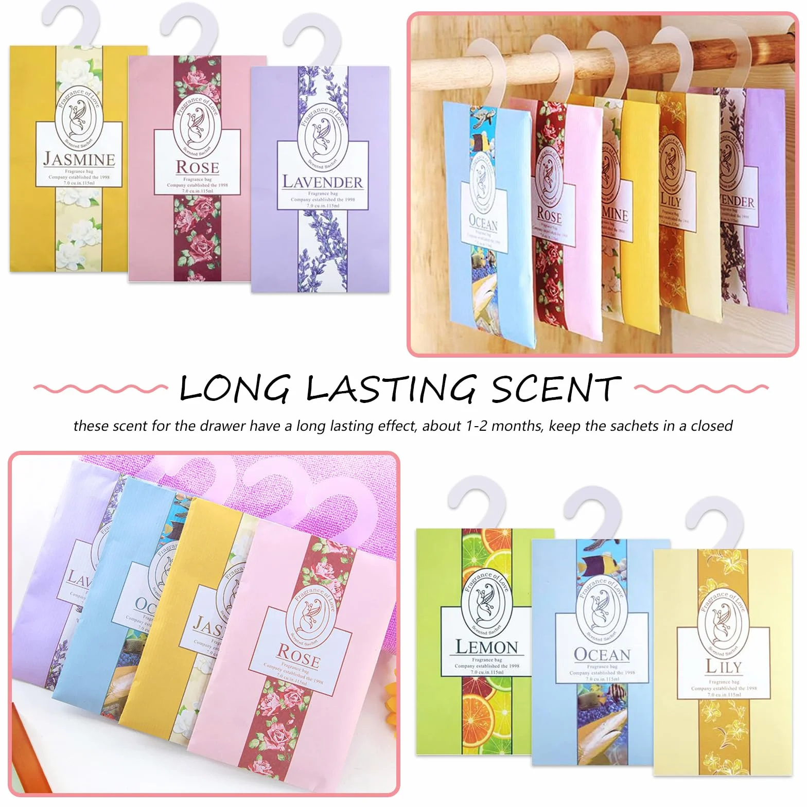 Sachet Parfumé Armoire Parfum Garde Robe avec Crochet Répulsif Mites 12 sachets 6 parfums