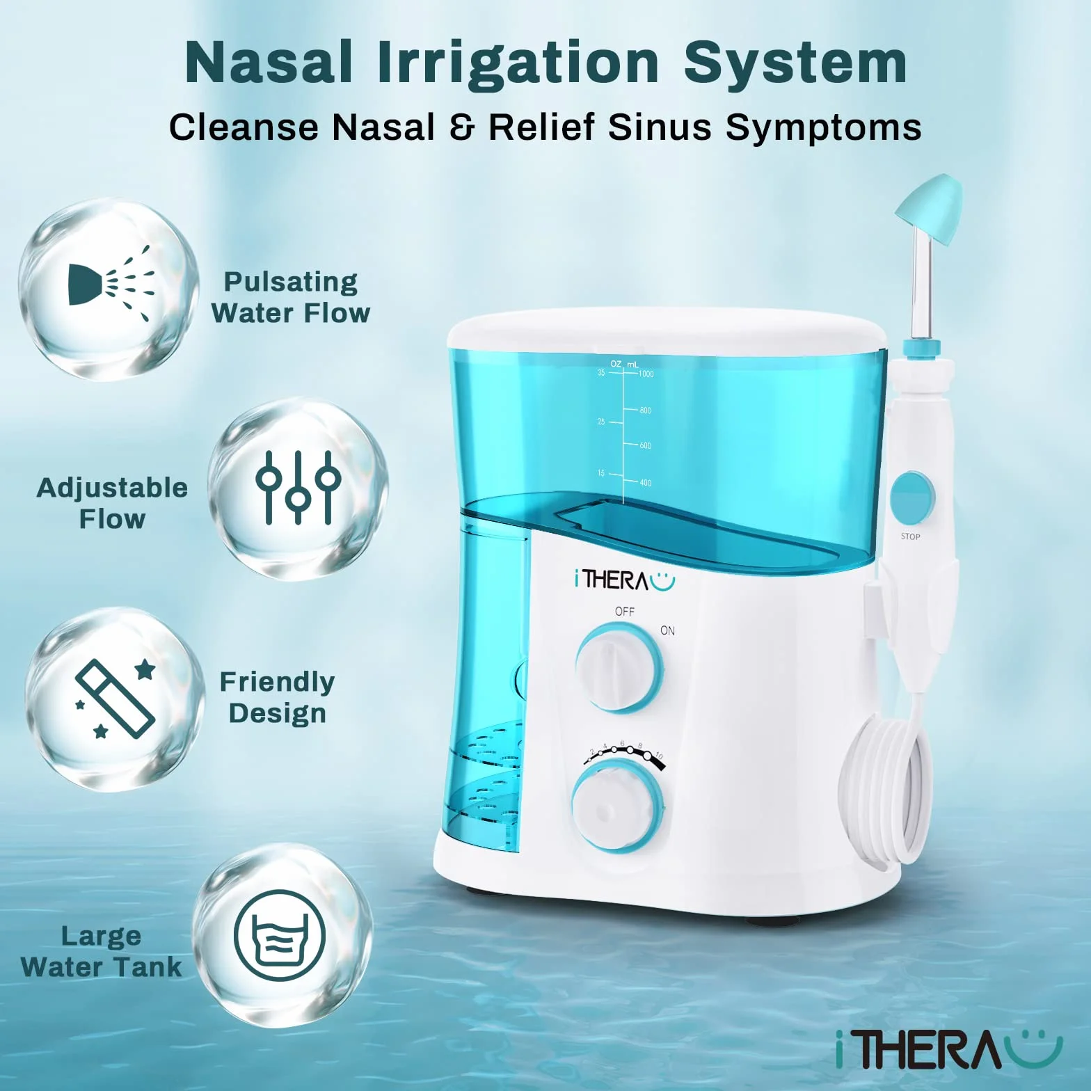 I-THERA-U Kit Lavage de Nez Adulte 1000ML Réservoir d'Eau Détachable avec 4 Embouts Rinçage Nasal Irrigation Nasale