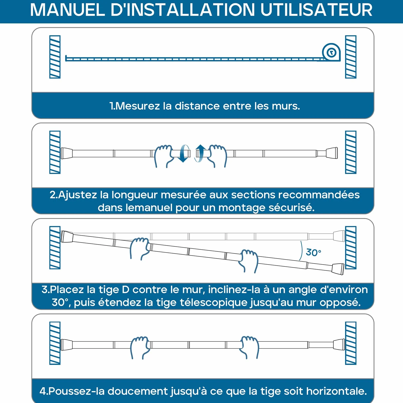 AIZESI Tringle Rideau Extensible 74.5-163 cm Barre Telescopique Acier Inoxydable Noir 22 mm
