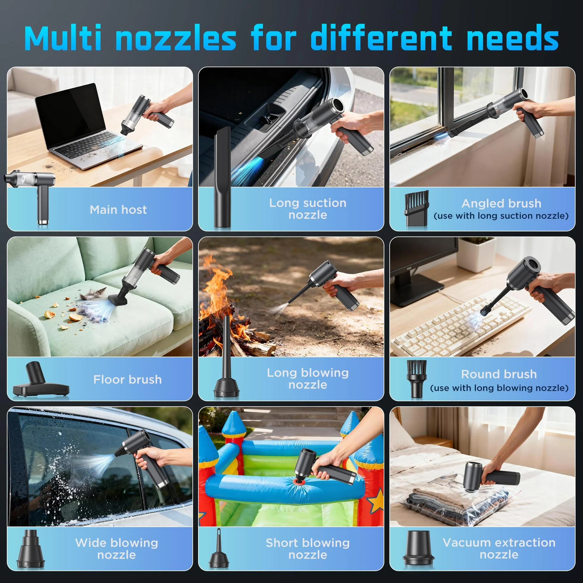 Aspirateur Voiture Puissant 4-en-1 25000Pa Sans Fil Moteur Brushless 2 Vitesses 6000mAh 150000 RPM Souffleur Air Comprimé
