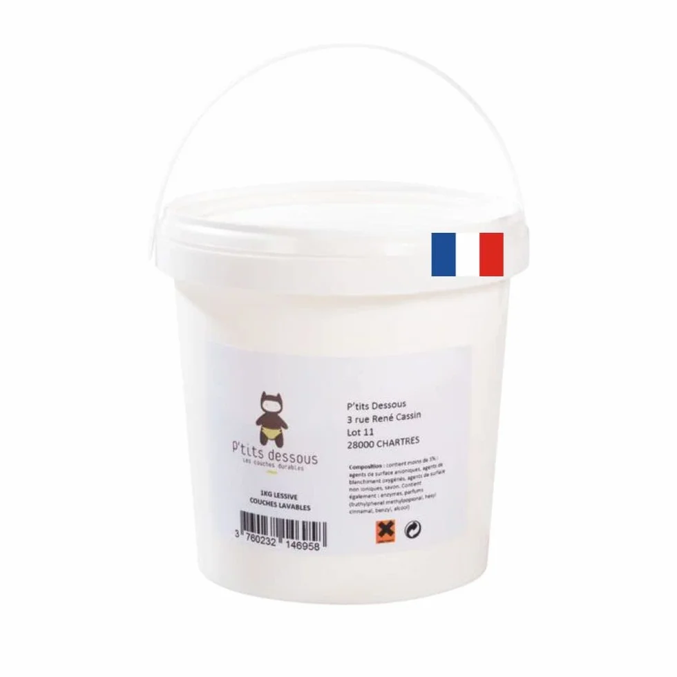Lessive bébé P'tits Dessous en poudre 1 kg Seau pH 9 Action désinfectante