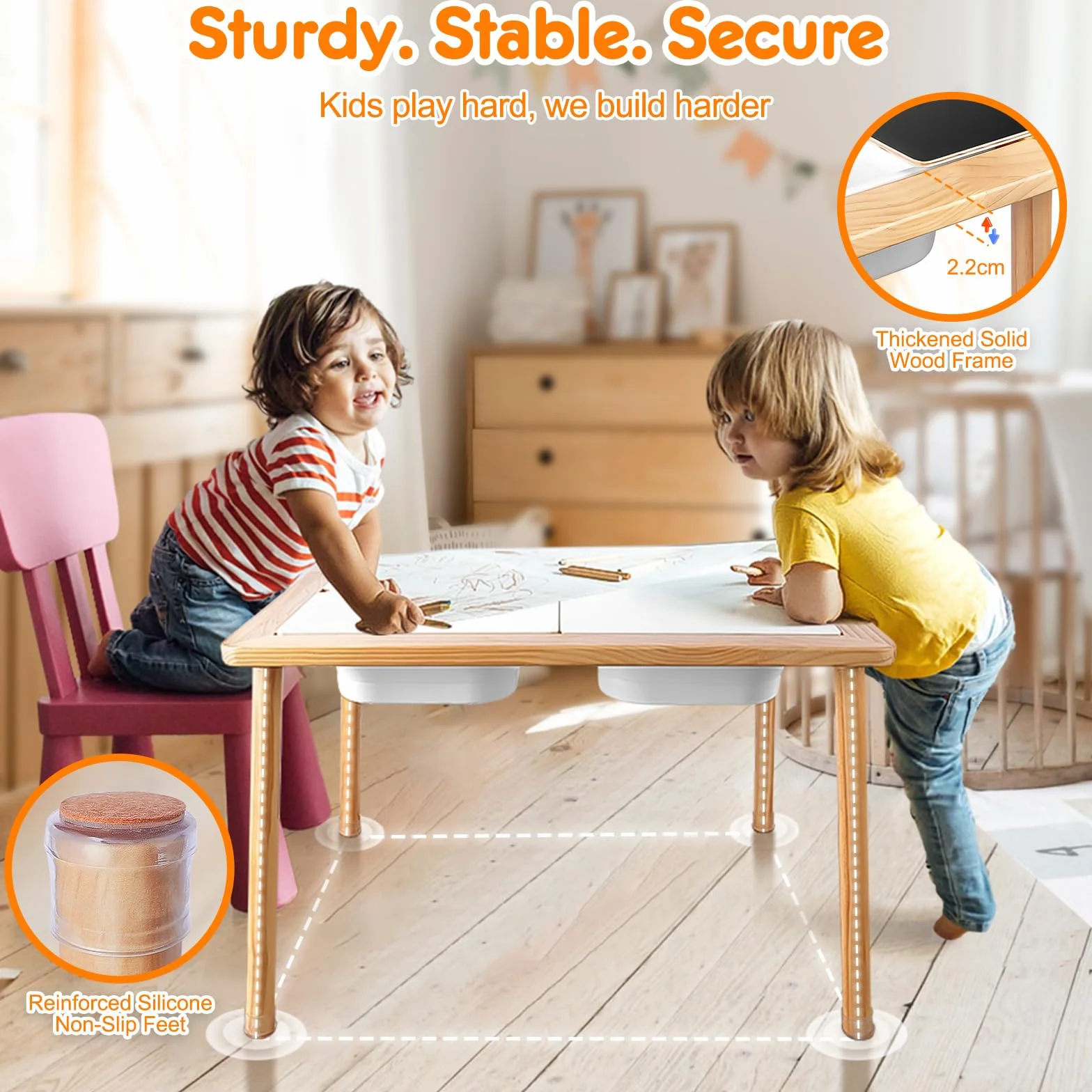 TERRAMUS Table pour Enfants, Table Sensorielle en Bois avec 3 Bacs de Rangement, Table d'eau et de Sable avec Couvercles Intérieure et Extérieure, Table d'activités pour Apprendre, Manger, Jouer