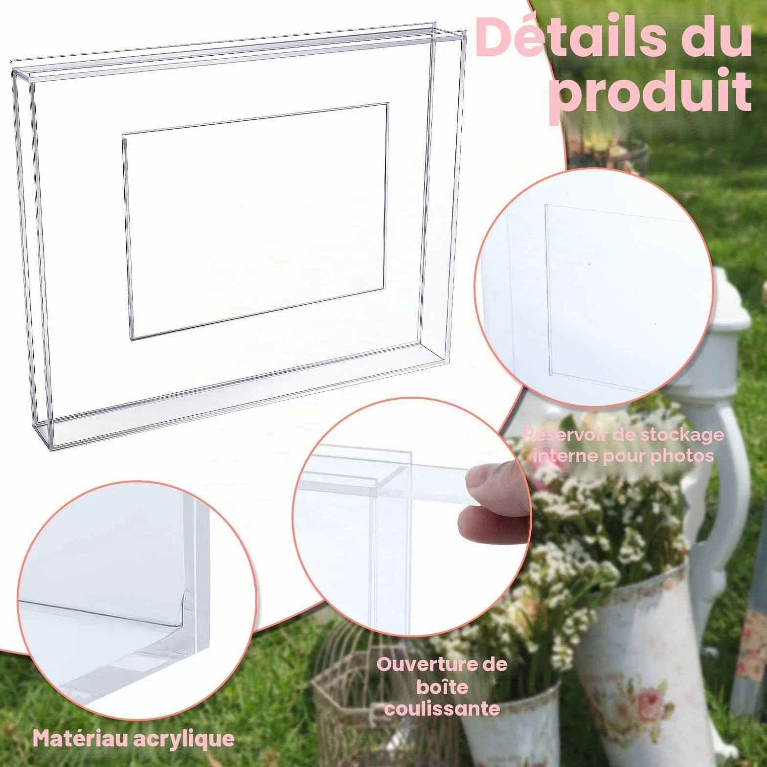 Cadre photo acrylique transparent pour décoration de mariage et intérieur, style classique