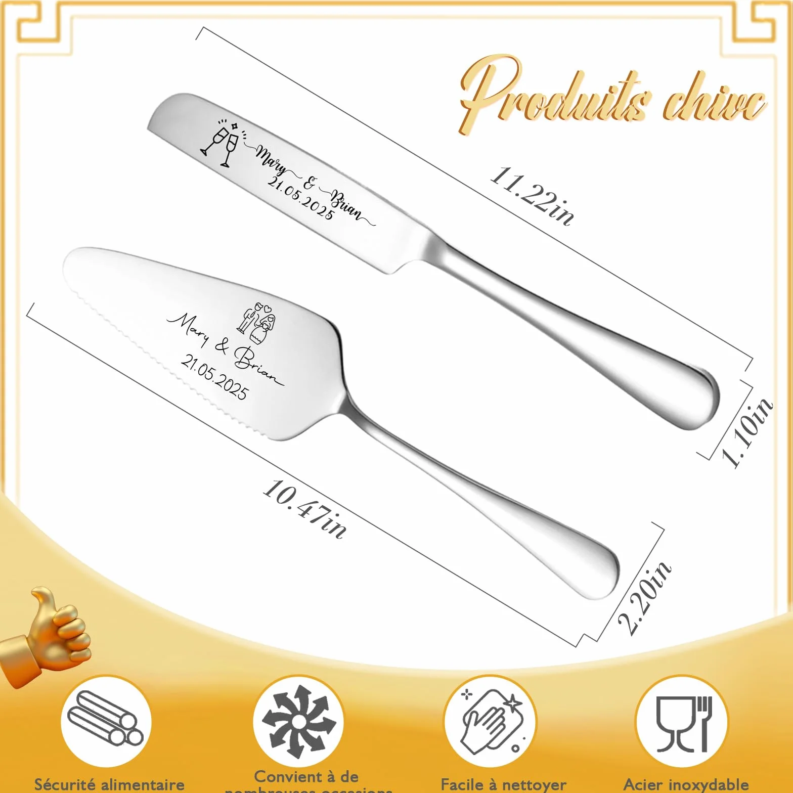 Ensemble Couteau et Pelle à Gâteau Gravés Personnalisés Mariage Cadeau Anniversaire Saint-Valentin Noël Argent