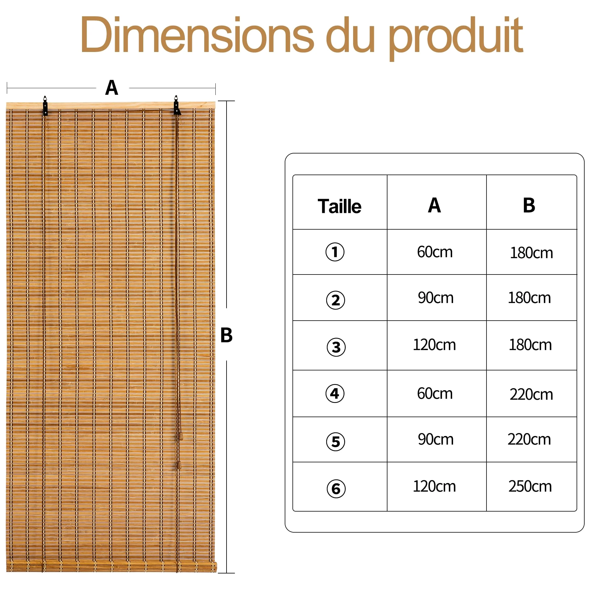 Store Occultant,Store Bambou Intérieur,Protection Solaire Protection visuelle Store à enroulement à tirage latéral pour Fenêtres et Portes,120x180 cm