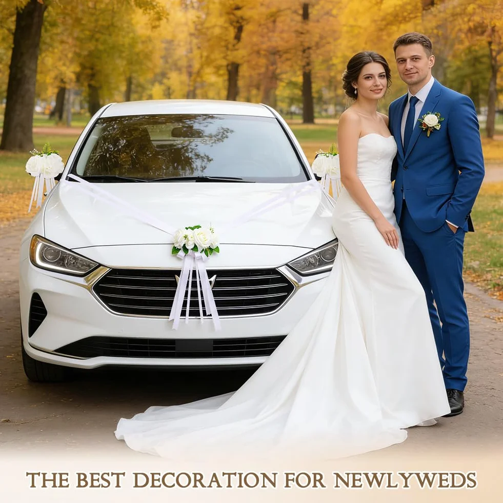 Déco Voiture Mariage Kit Décoration 3 Roses 4 Nœud 1 Tulle Ruban Adhésif