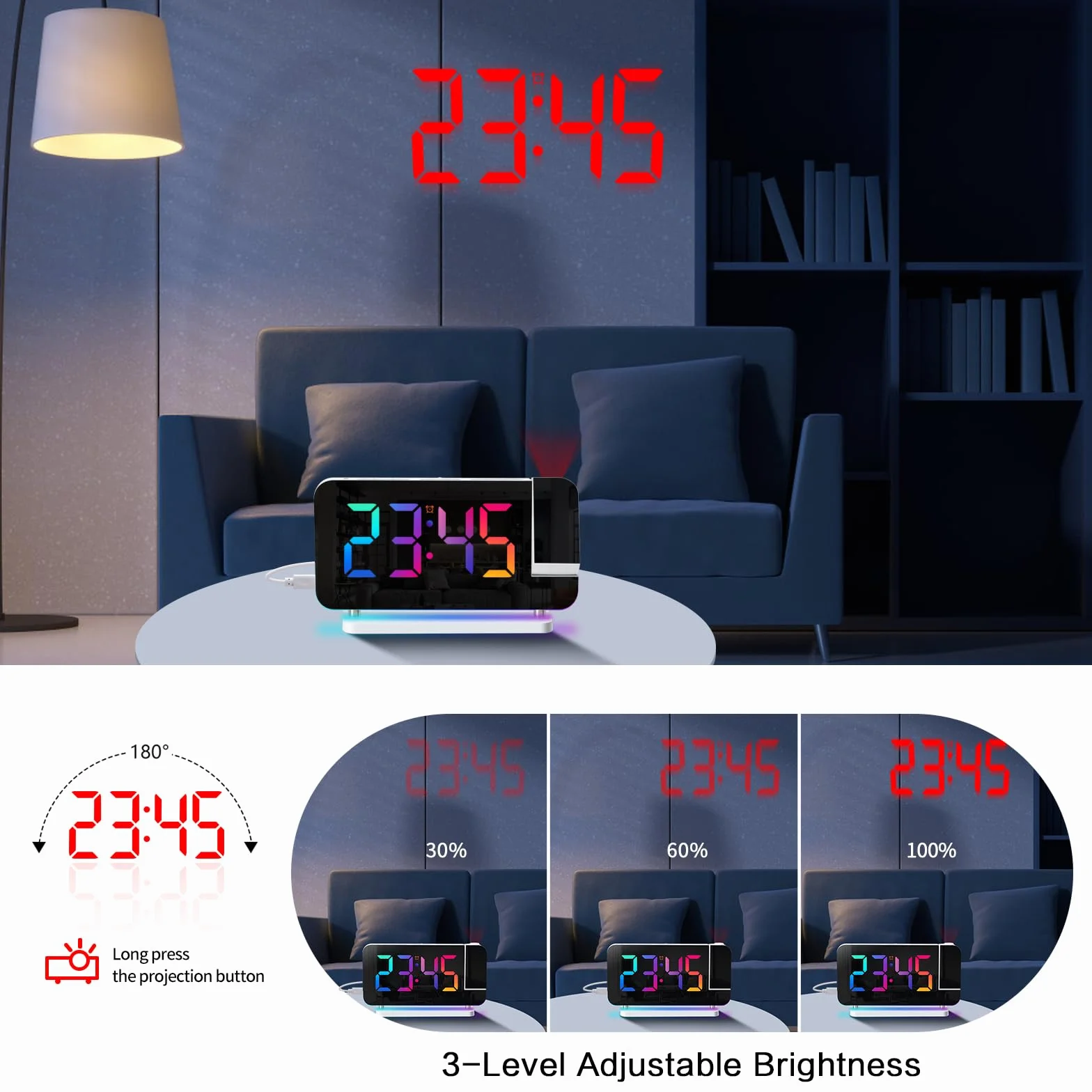 ThreeH Réveil Projecteur LED RGB avec Surface Miroir Affichage Auto Dimming Volume Réglable Double Port USB Veilleuse Blanc