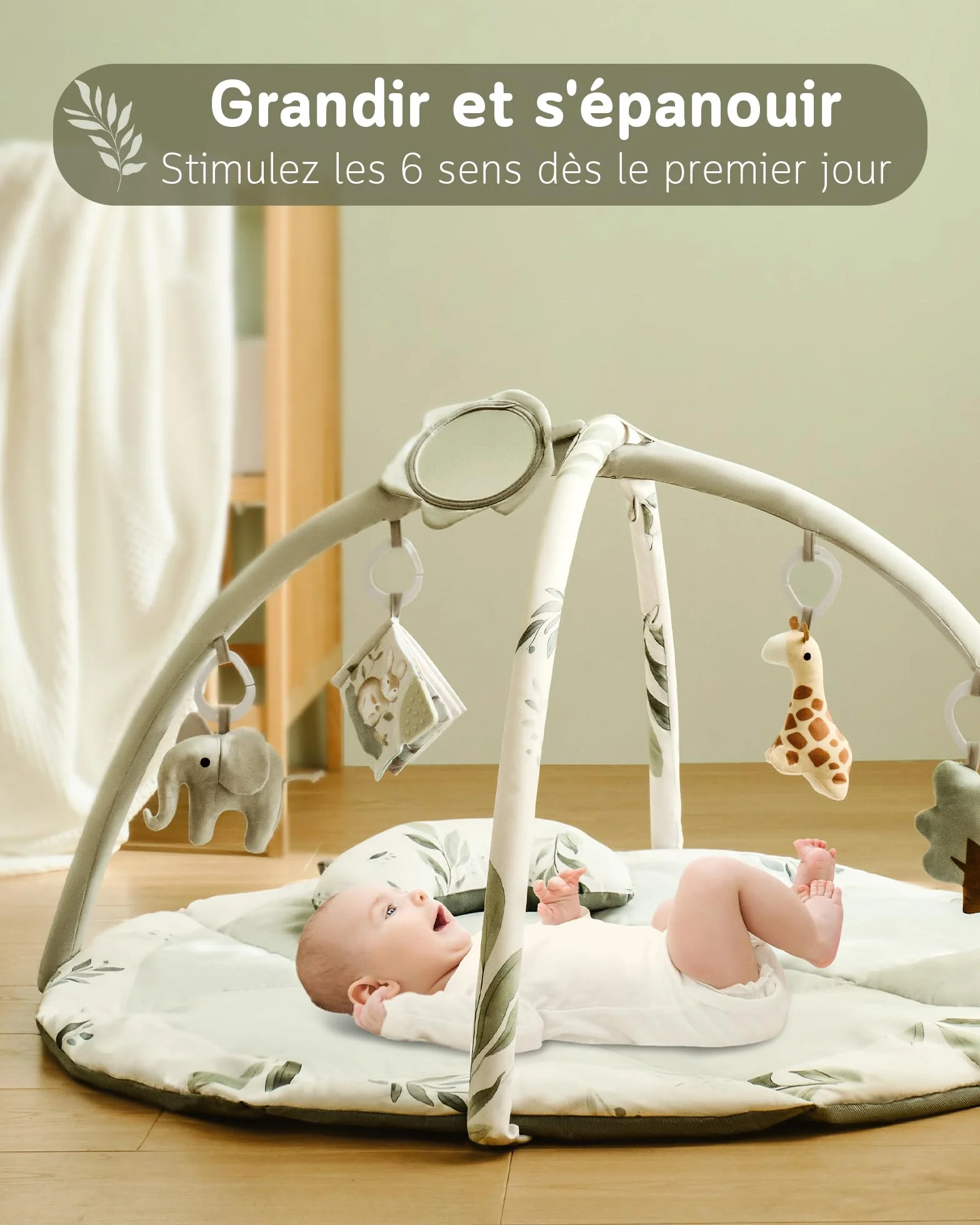 Tapis d'éveil Bébé avec Arche amovible et 5 Jouets d'activité, Thème Naturel, Fortella, Vert, pour Nouveau-né 0-12 Mois
