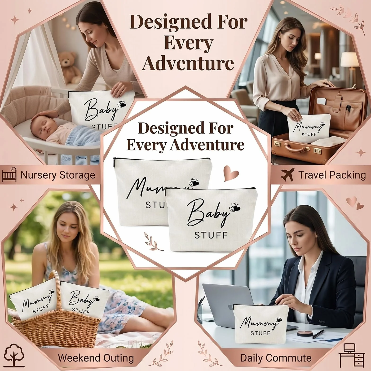 Sac Maman avec Fermeture Éclair pour Trousse de Naissance, Cadeau Bébé Fête des Mères
