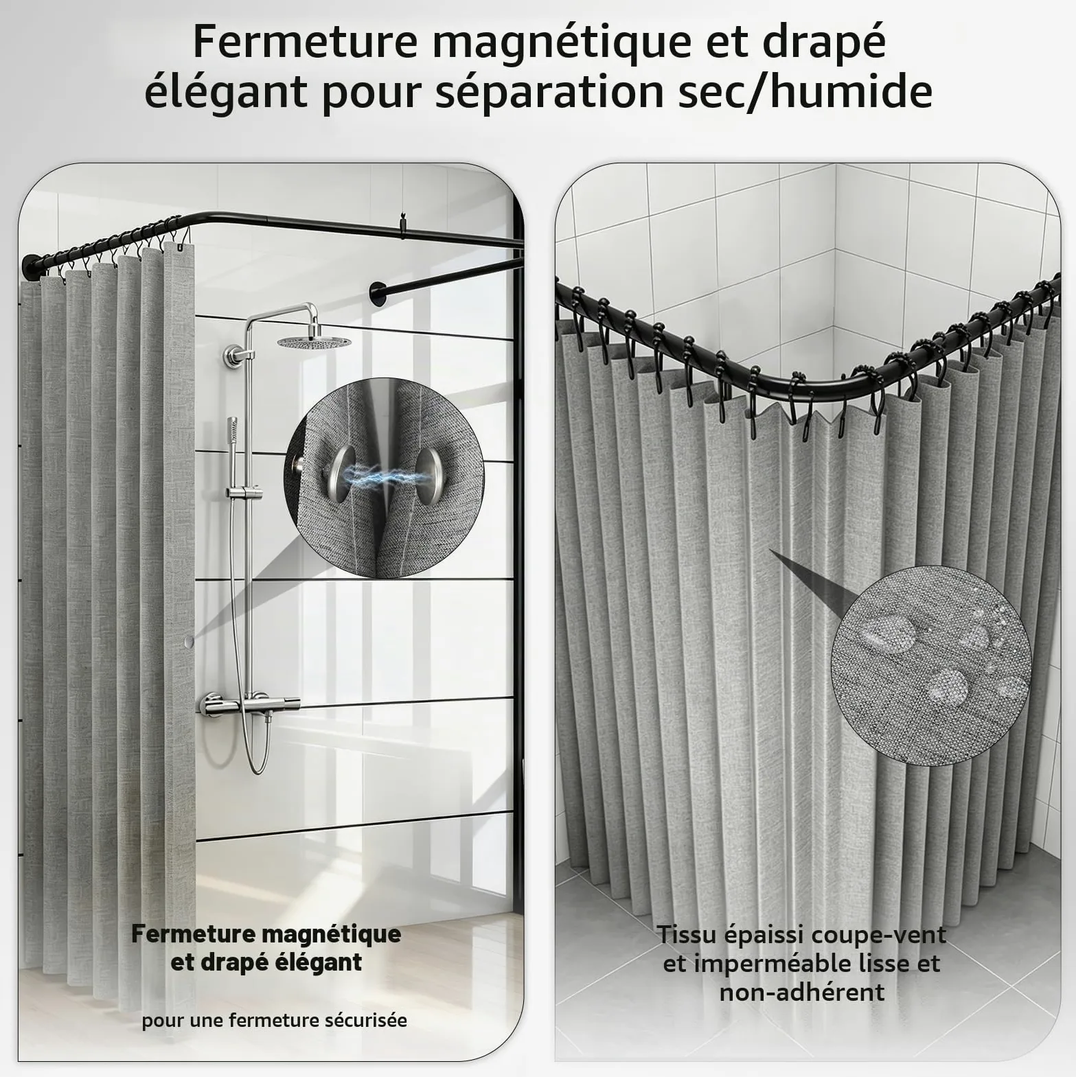 Tringle Douche en U Sans Perçage, Barre Extensible avec Kit Rideau Douche | Kit Complet avec Rideau Douche Imperméable, Anneaux et Colle Sans Clou pour Douche d'angle, Petites Salles de Bain, Vestiaire