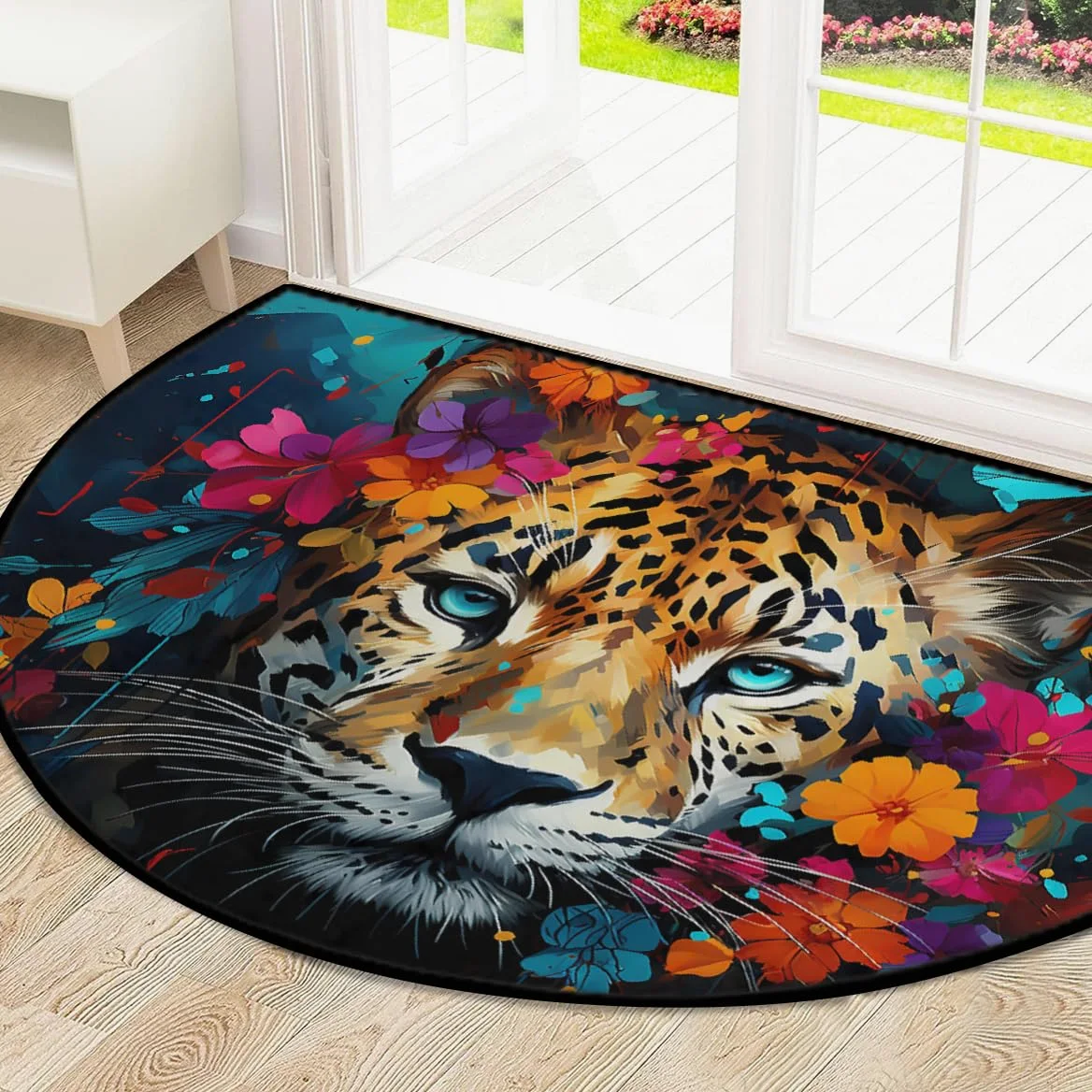 Mexpekil Paillasson demi-rond antidérapant lavable en demi-lune avec visage de léopard pour intérieur et extérieur - Attrape la saleté - 100 x 160 cm