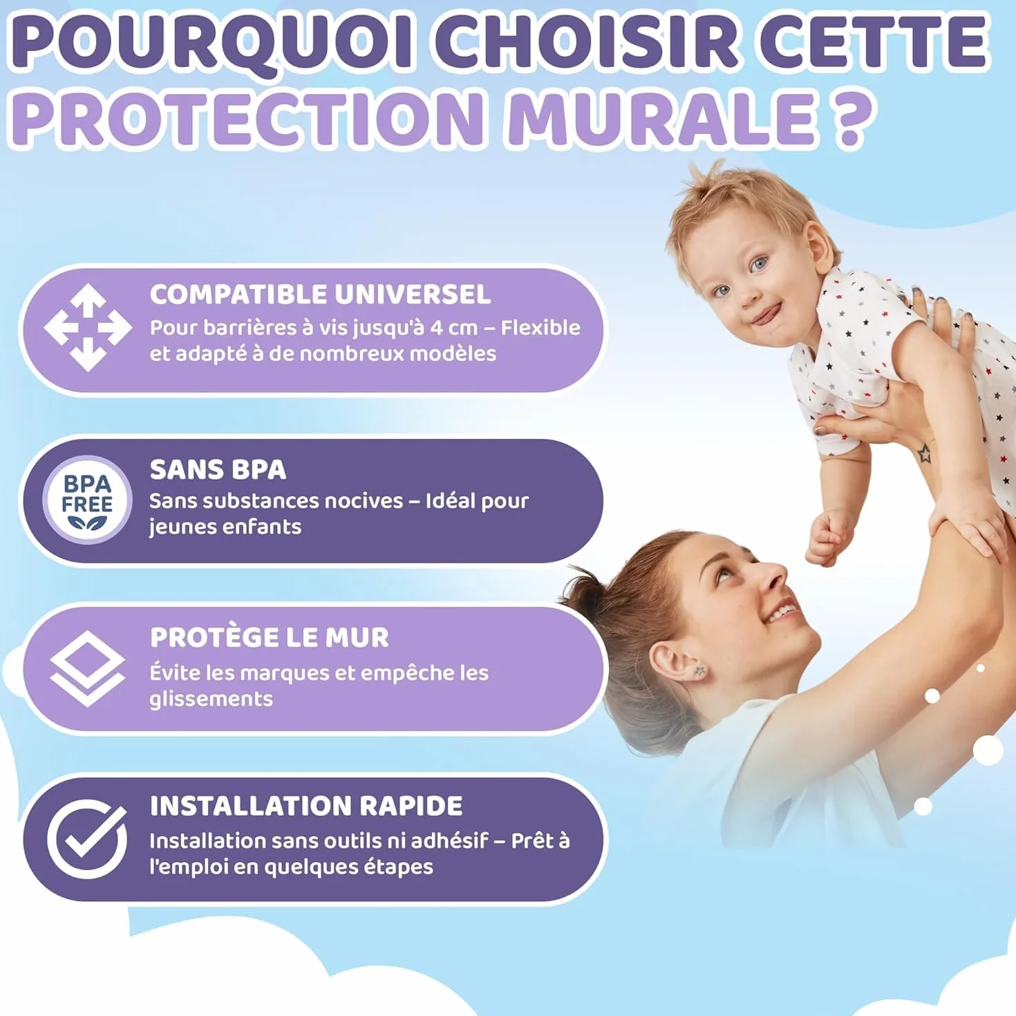 Patins de Protection Murale sans Perçage – Grille et Barrière de Sécurité pour Escalier & Porte – Fixation à Pression pour Bébé & Enfants