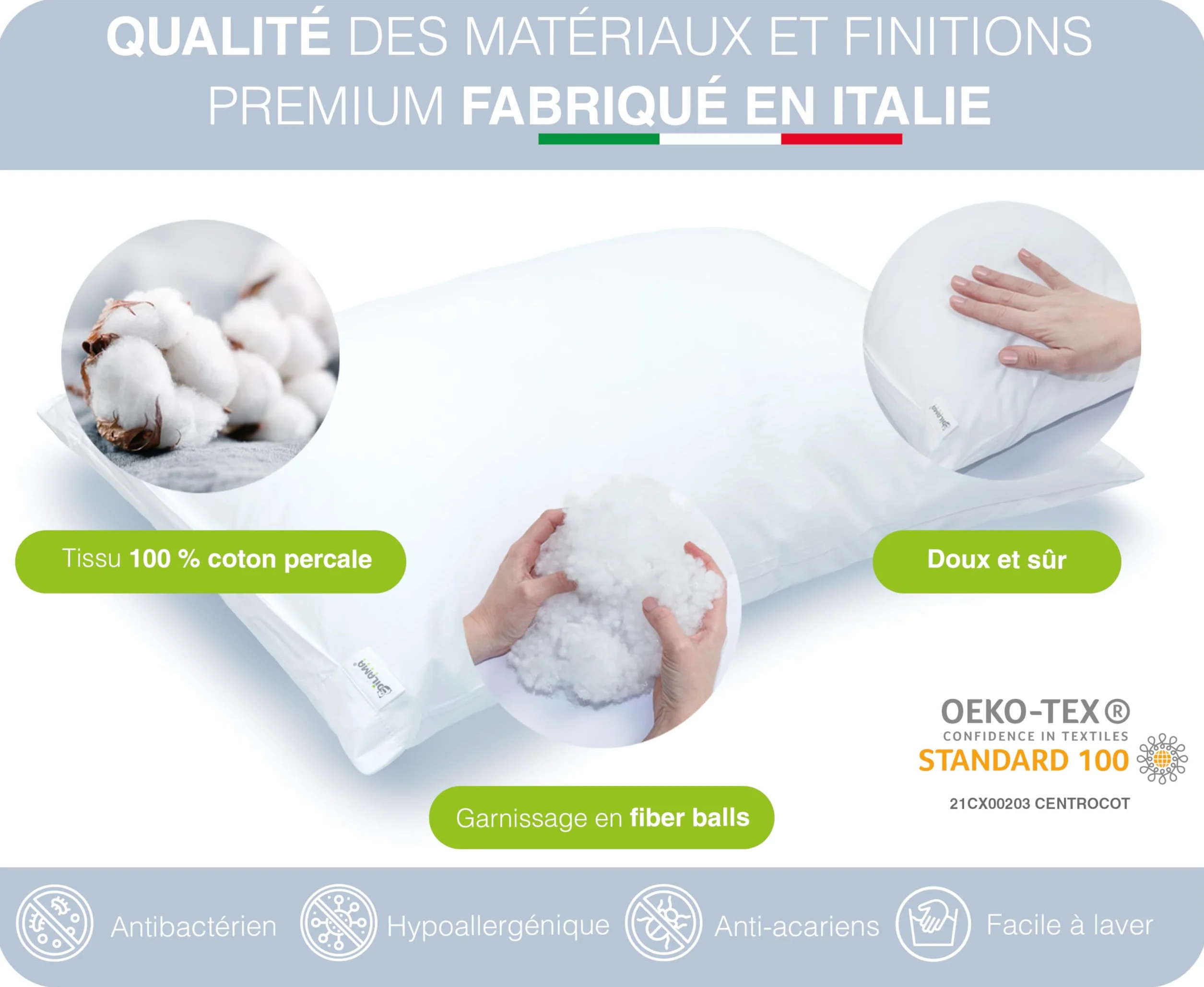 Coussin Enfant Évolutif Hauteur Réglable 40x60 Moelleux Hypoallergénique Anti Acarien Oeko-TEX Made in Italy