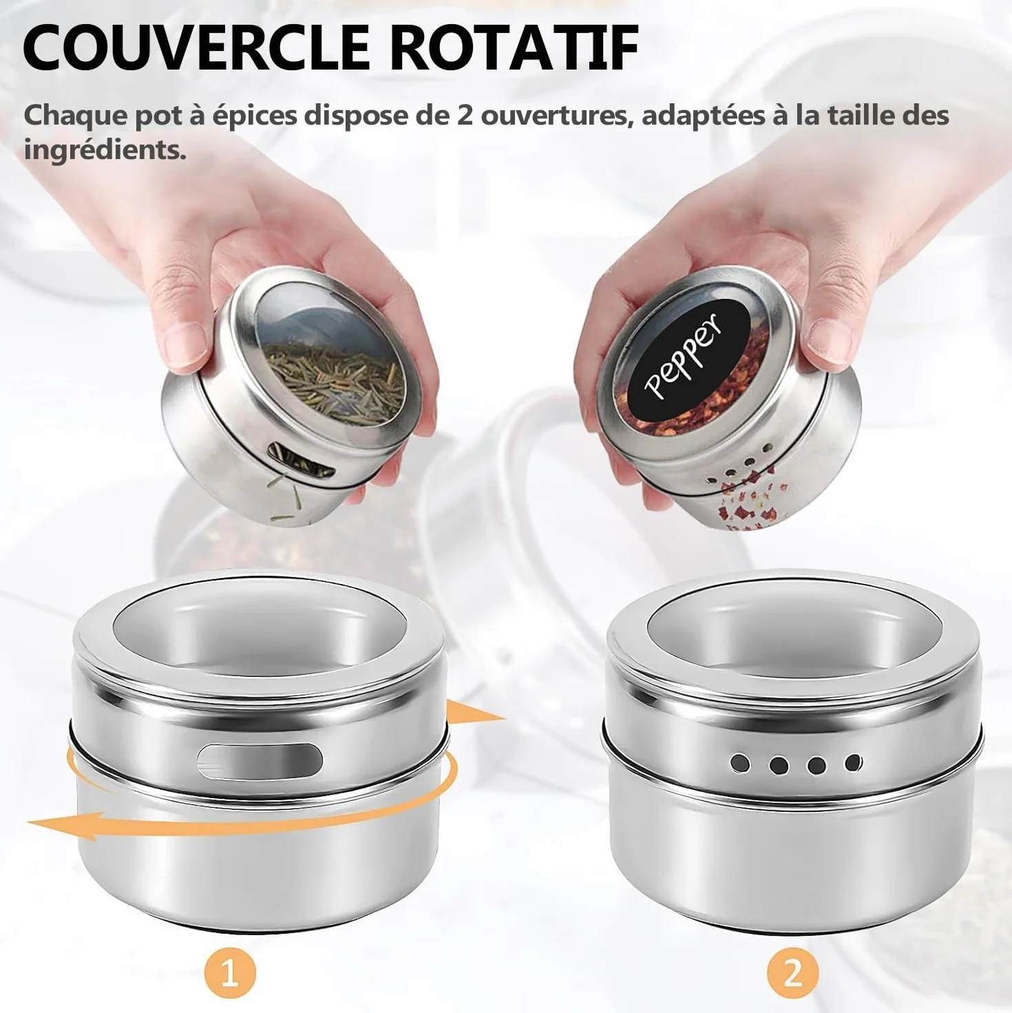 Pots à Épices Magnétiques Acier Inoxydable Lot 24 avec Couvercles 48 Étiquettes 2 Marqueurs