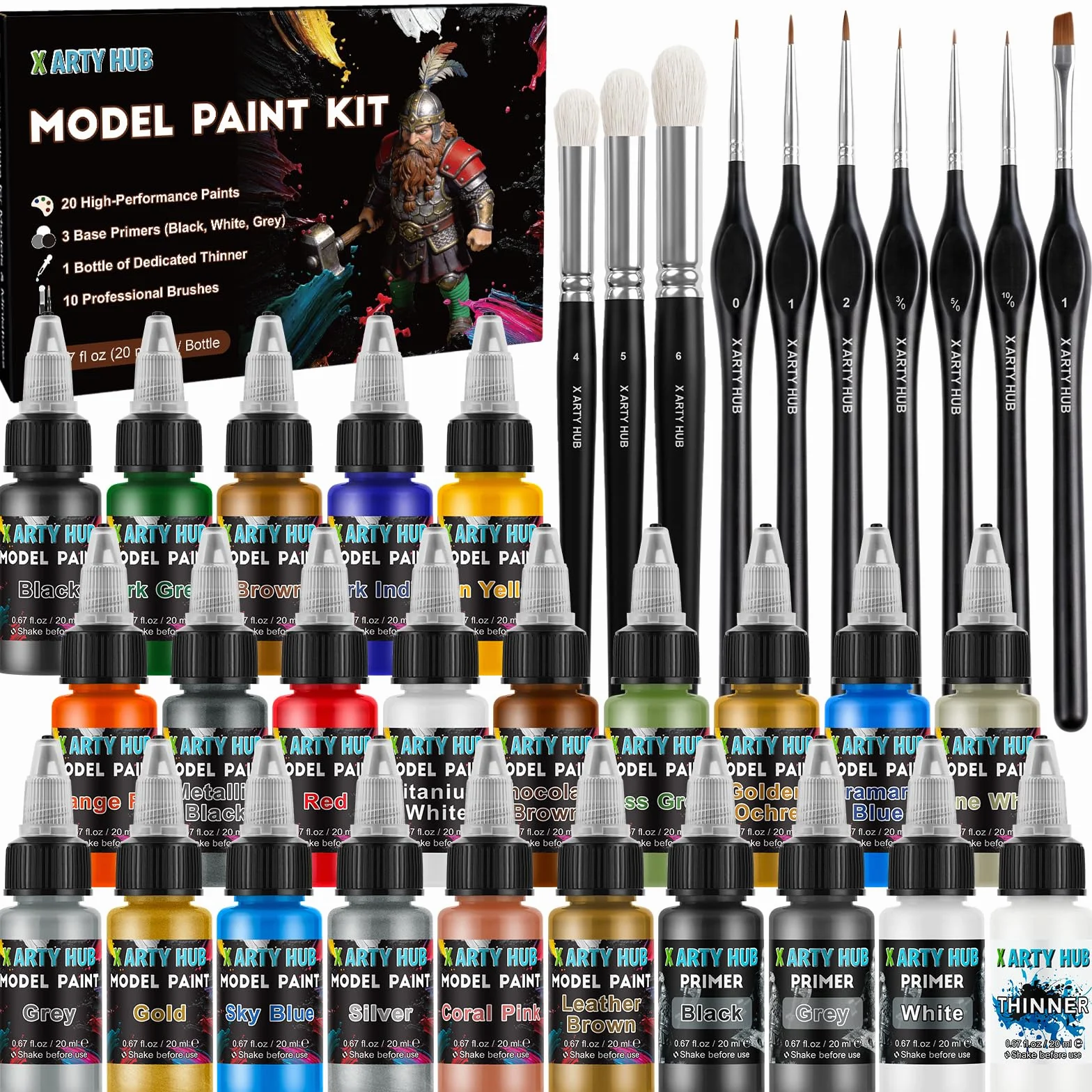 Kit de Peinture pour Maquettes avec Apprêts, Diluant et Pinceaux | 20 Peintures Acryliques, 3 Apprêts, 1 Diluant et 10 Pinceaux, Pinceau et Aérographe, pour Figurines, Miniatures & Modèles