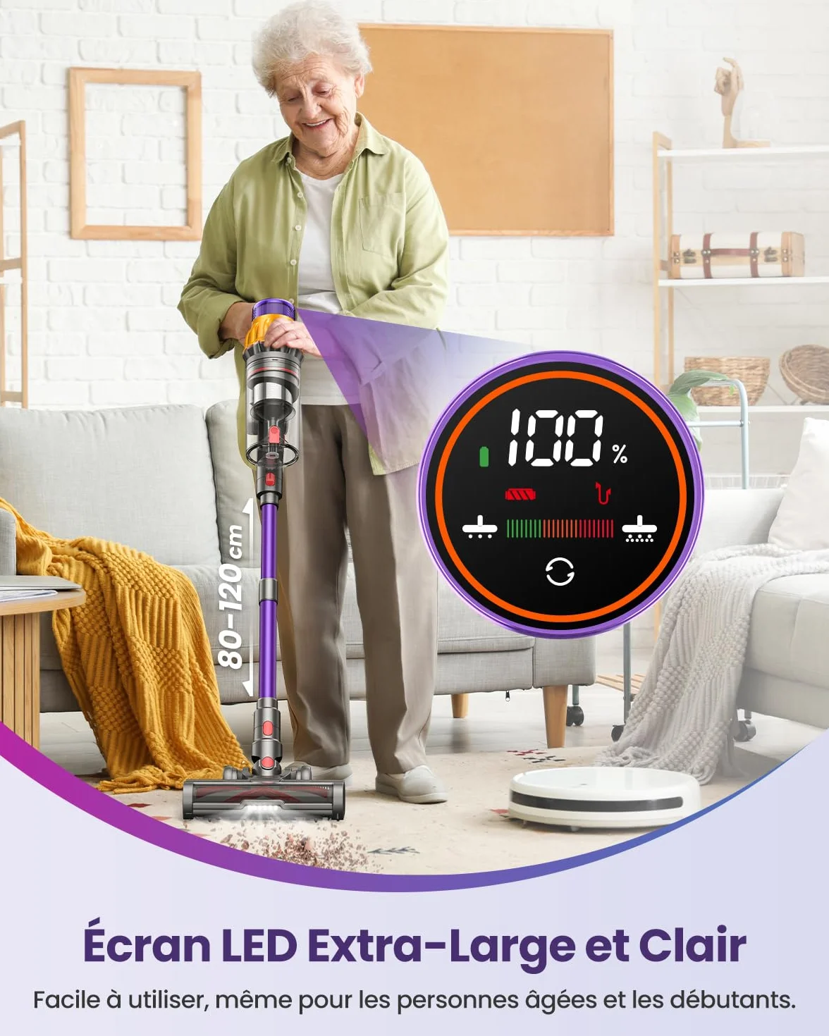 Aspirateur Balai Sans Fil 150Min 55KPA 600W 2 Batteries Brosse Anti-Enchevêtrement Support Mural Rechargeable Écran LED pour Poils d'Animaux Tapis Sols Durs