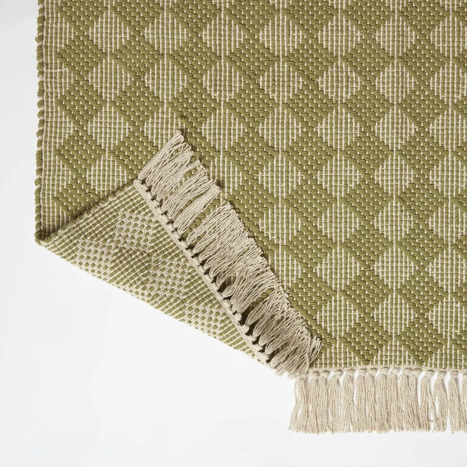 HOMESCAPES Tapis Vert en Coton Lima, Tapis rectangulaire 120x170 cm, Tapis géométrique à Franges