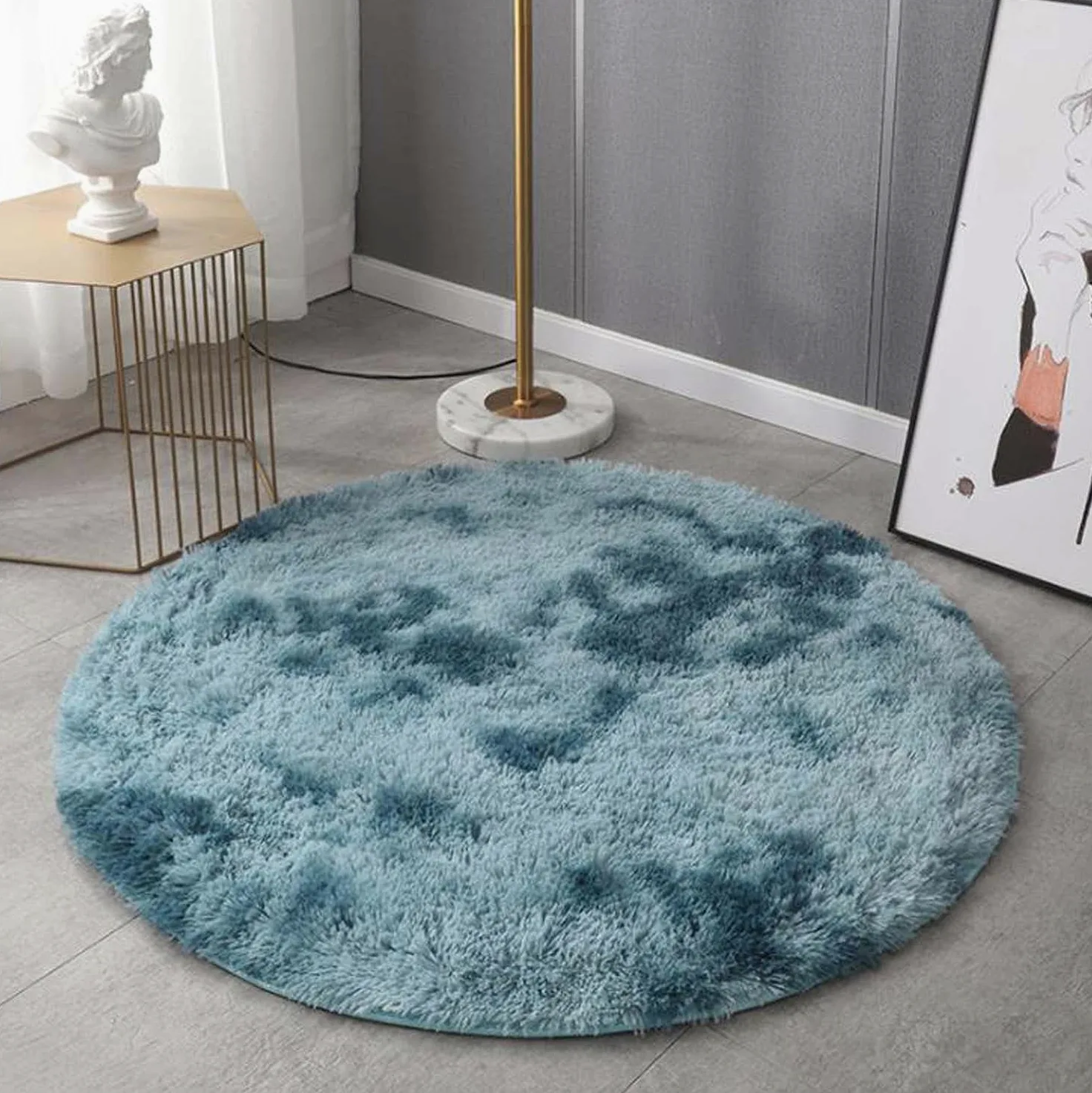 Dhao Tapis Ronde Poils Longs Shaggy Moderne Design Épais Anti Slip Lavable Décor Ultra Doux De Peluche Chambre à Coucher Salon Tapis Décoratif (Bleu,180x180cm)