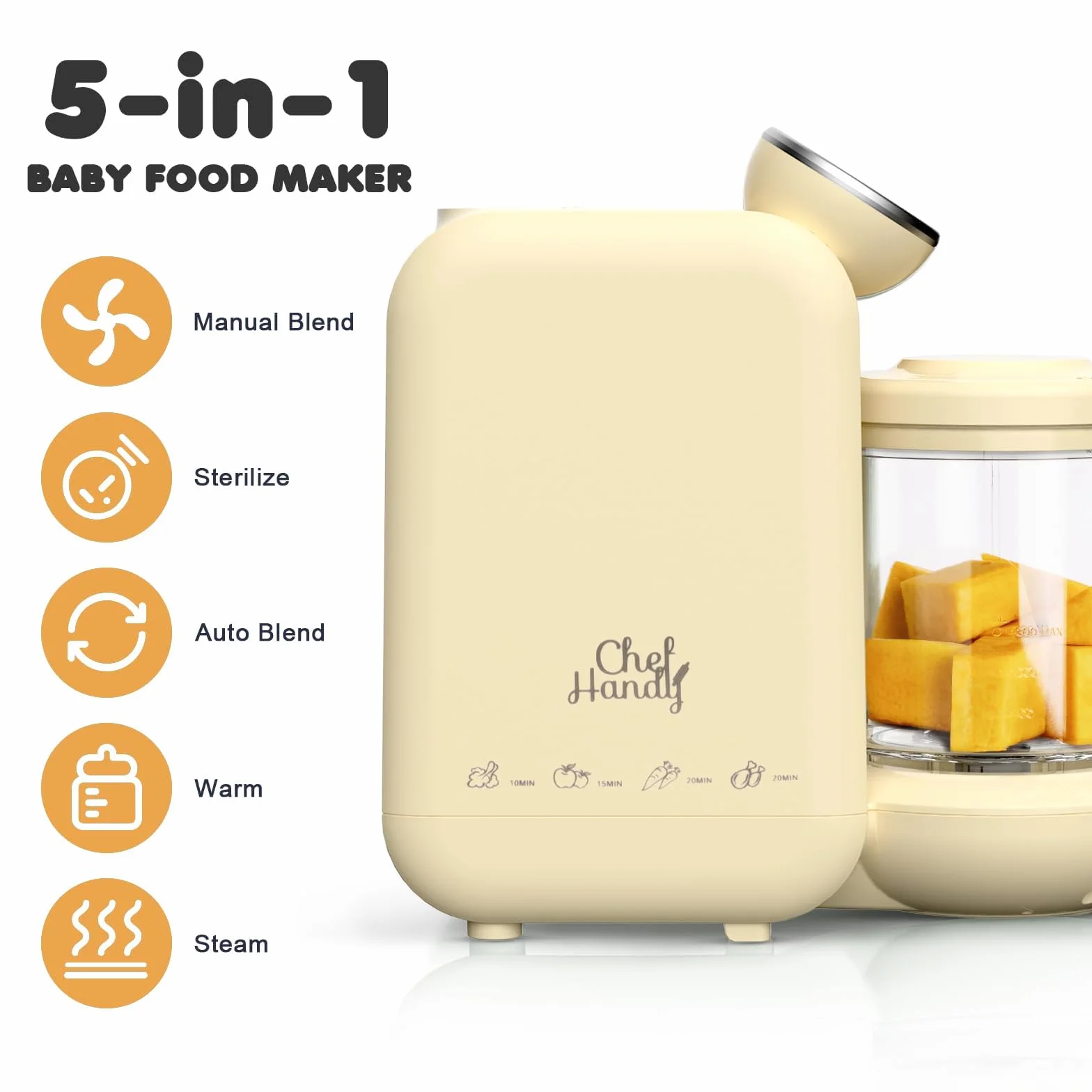 Robot Cuiseur Mixeur Bébé 5 en 1, Cuisson Vapeur Douce Rapide, Multifonctions (Jaune)