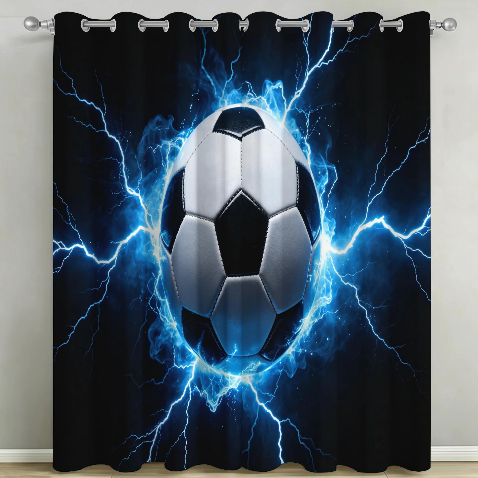 Lot de 2 Rideaux Occultants à Oeillets Football 100x200 cm, 3D Imprimé Rideau Occultant Thermique Isolant Opaque, Rideau Modèle de Football pour Salon Chambre Décoration Fenêtre C/1687