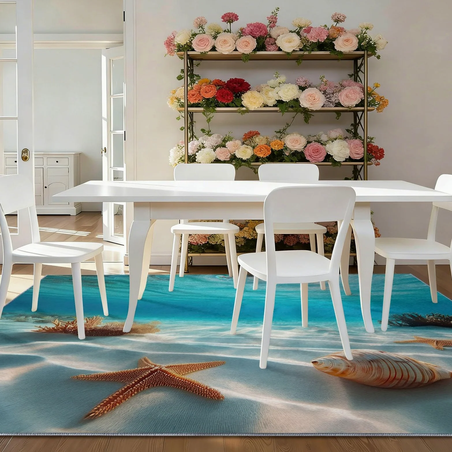 Tapis Poil Ras Antidérapante, Style Décontracté Bleu Et Blanc Lavable Machine Résistante à la Tache Moquette, Monde sous-Marin Plage Étoile De Mer Coquillage Tapis pour Couloir Chambre, 100 x 150 cm