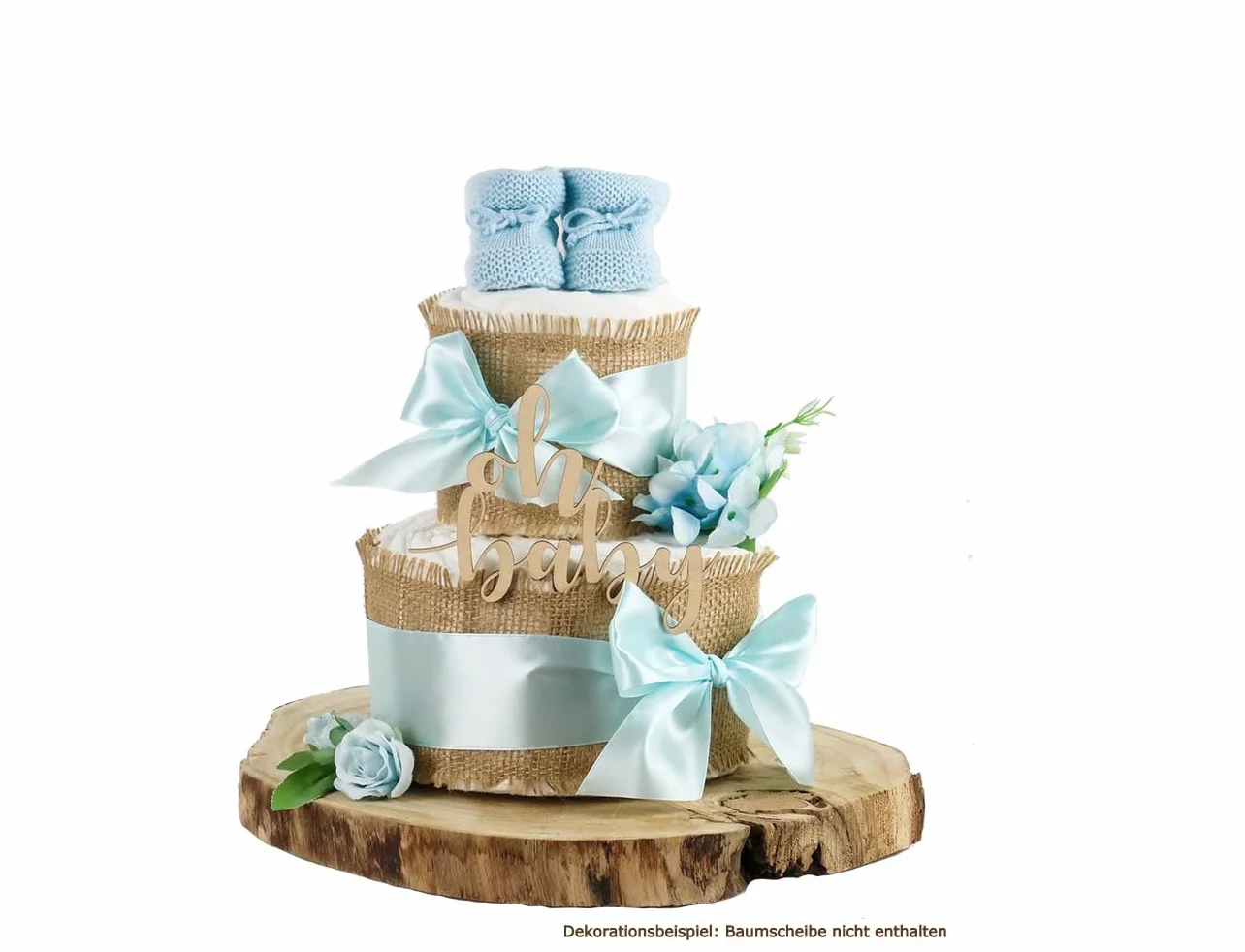 Gâteau de couches tout en jute 2 étages bleu pour la naissance