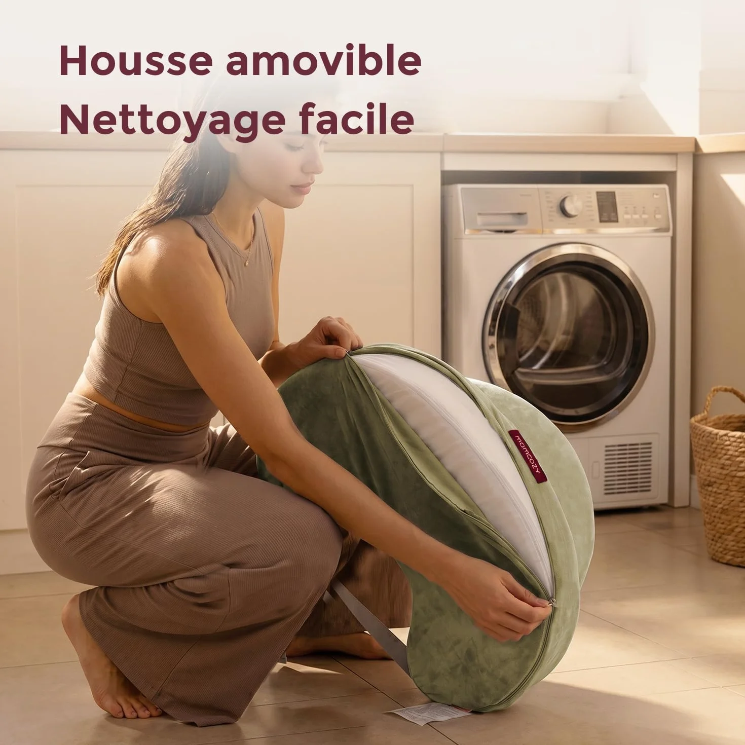 Momcozy Coussin Allaitement Mémoire de Forme Ergonomique, Soutien Large Sangle Réglable, Housse Coton Amovible Vert