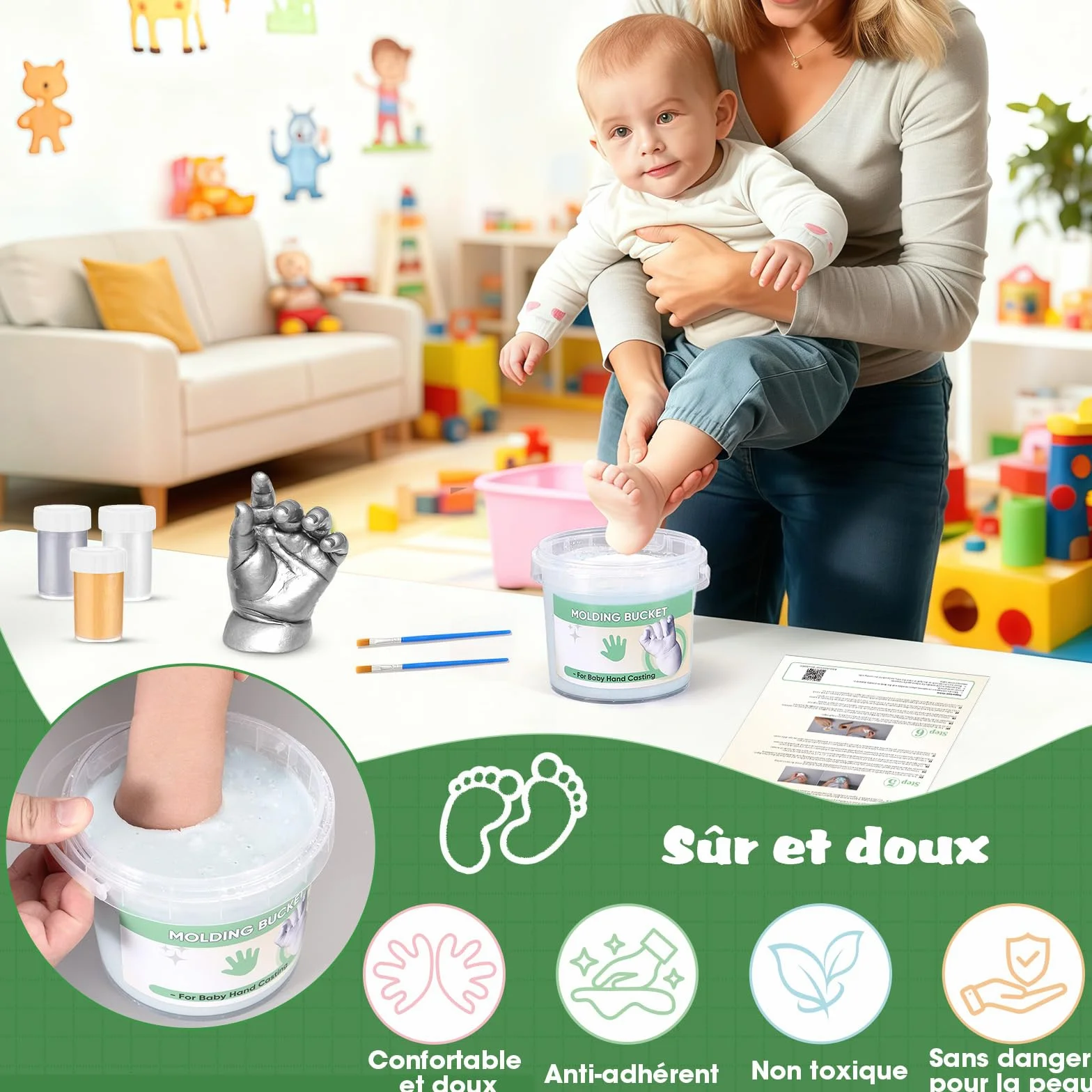 Empreinte Main Pied Bebe 0-9 Mois Kit de Moulage 3D 4 Moulages avec Peintures Non Toxique Souvenirs Personnalisés Cadeau Naissance