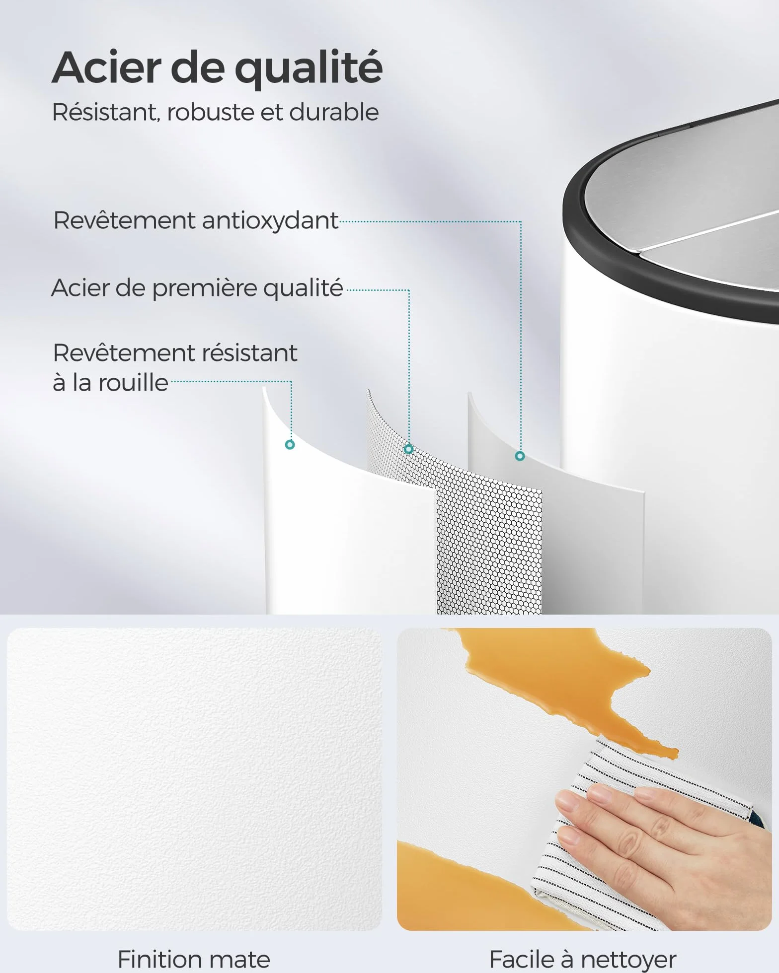 SONGMICS Poubelle Double 30L 20L 2 Compartiments Tri Recyclage Déchets Pédale Couvercles Ailes Blanc Nuage Argent Métallique LTB570W02