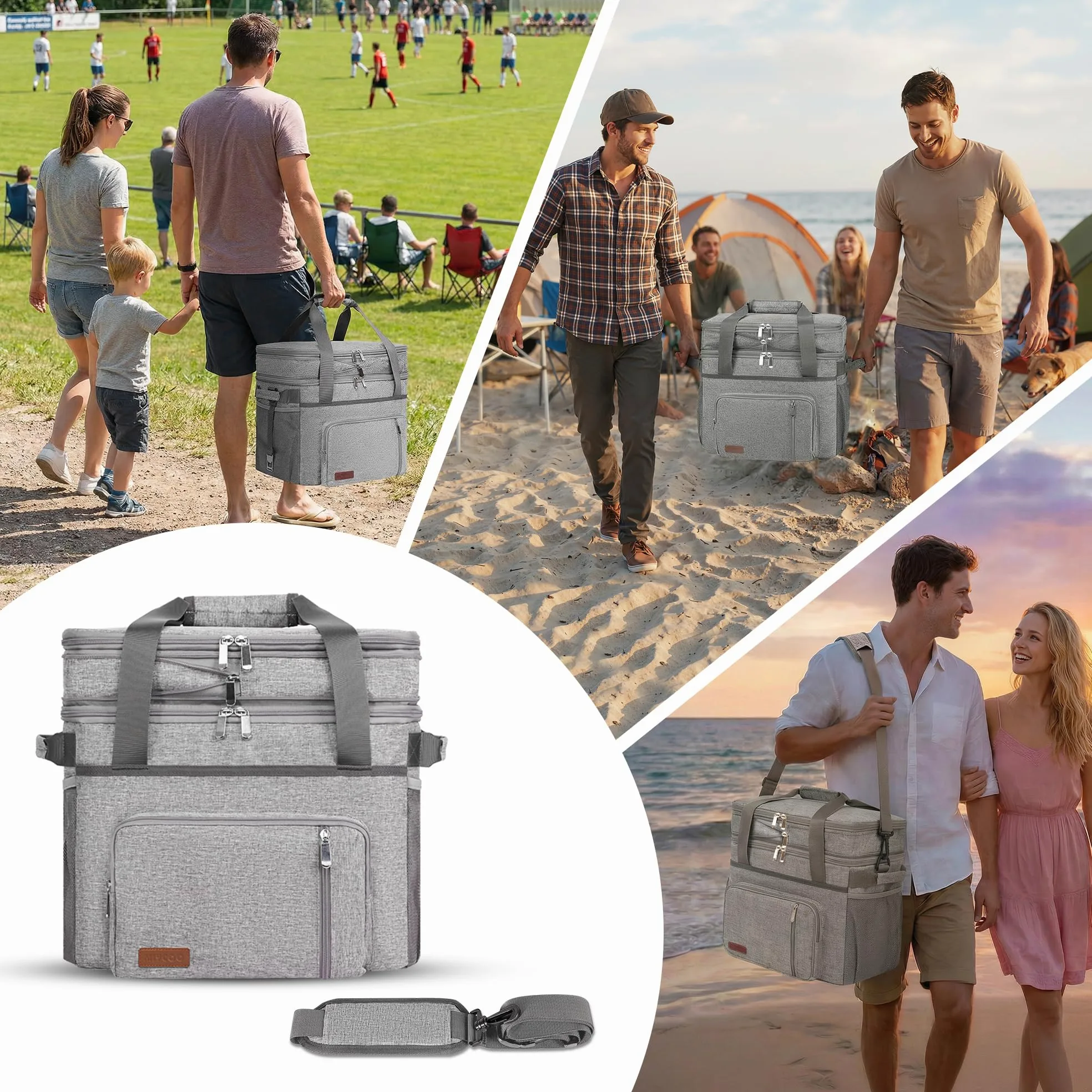 MIYCOO Sac isotherme avec double plateau extensible, 60 canettes anti-fuite | Glacière isotherme portable et douce, très grande glacière pour plage, pique-nique, camping, shopping (gris)
