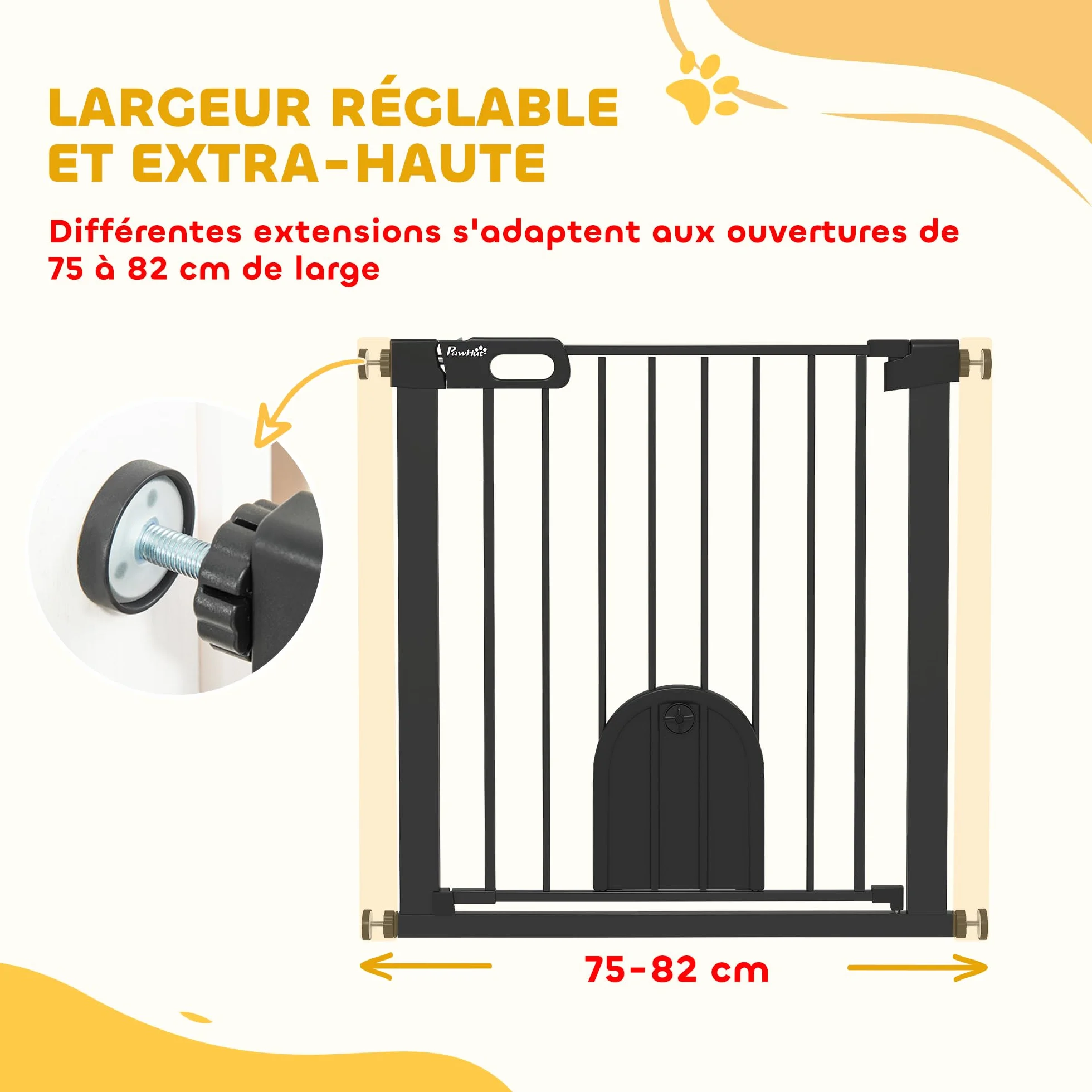 PawHut Barrière de sécurité Animaux 76H cm Chien Chat Porte Fermeture Automatique Double Verrouillage Fixation Pression 75-82 cm Acier ABS Noir