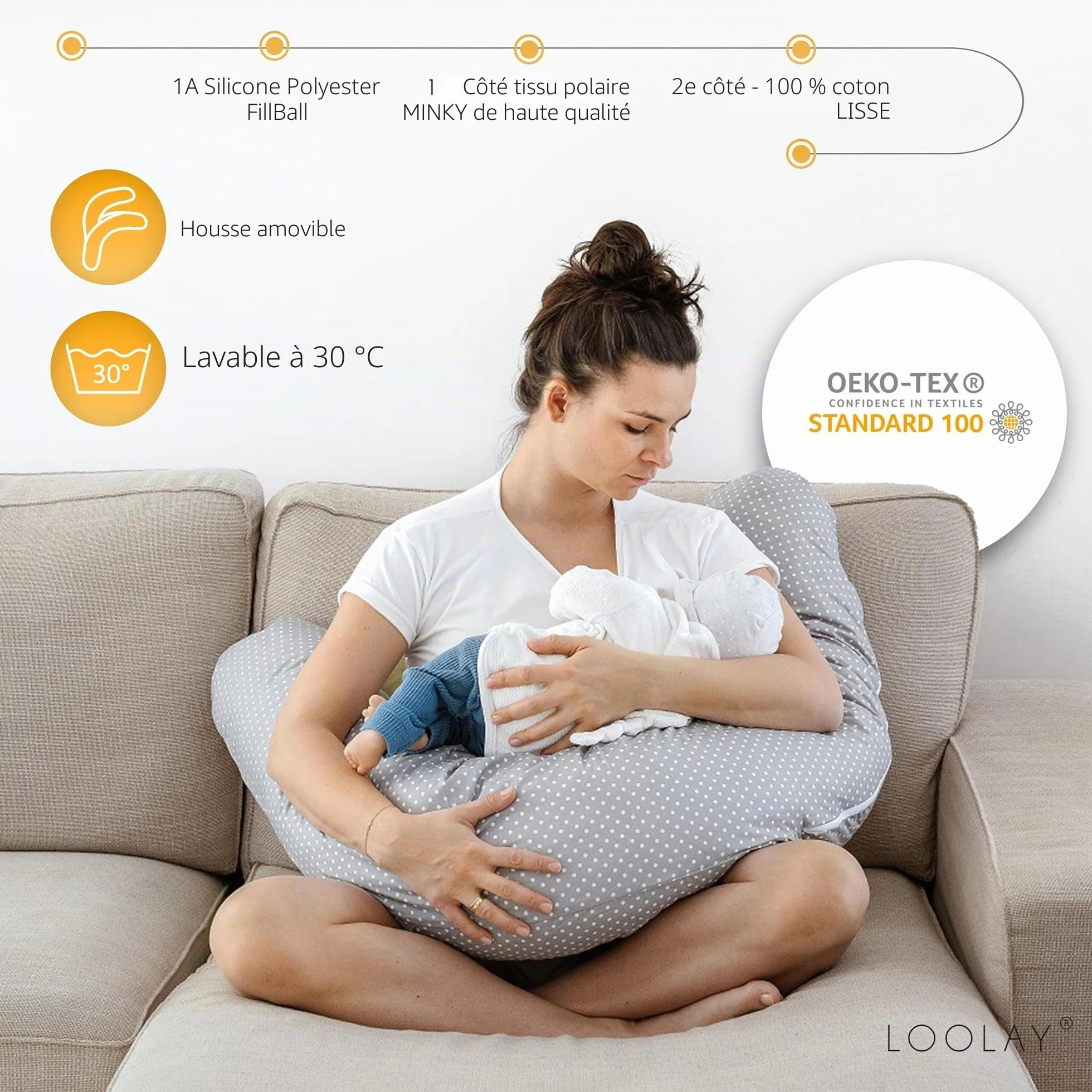 LOOLAY Coussin de Grossesse 170 cm 100% Coton avec Housse Amovible Minky Ergonomique