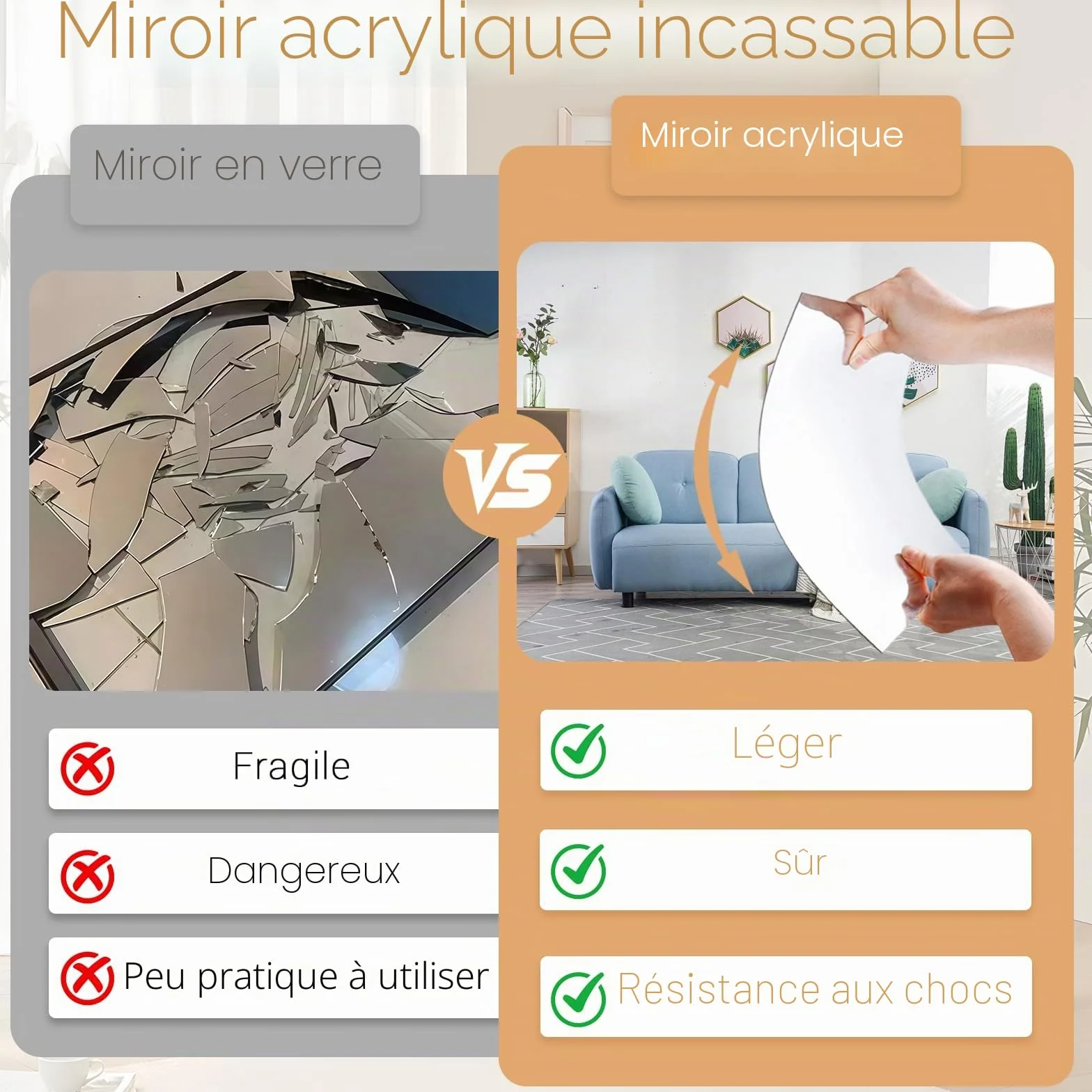 Miroir Mural Adhésif 30x30 cm Acrylique Incassable pour Salle de Bain