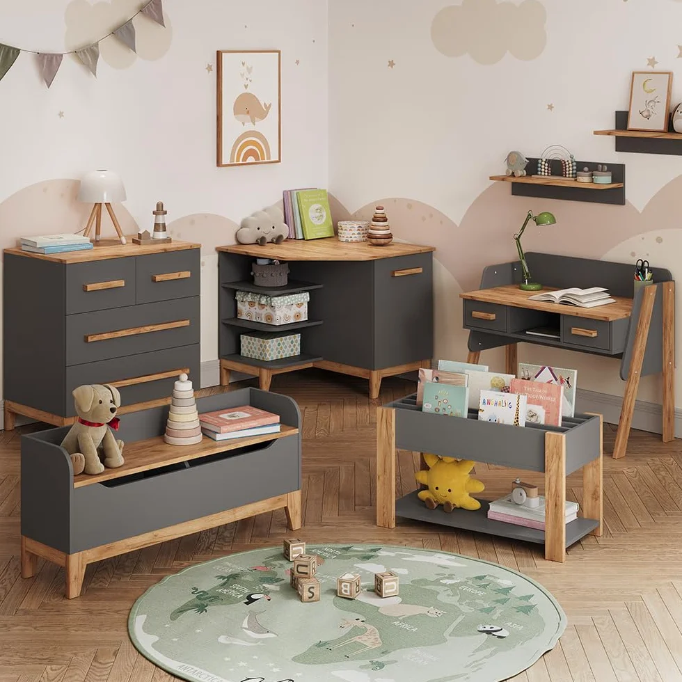VitaliSpa Set de Chambre d'enfant Malia, Gris/chêne, Lot de 4