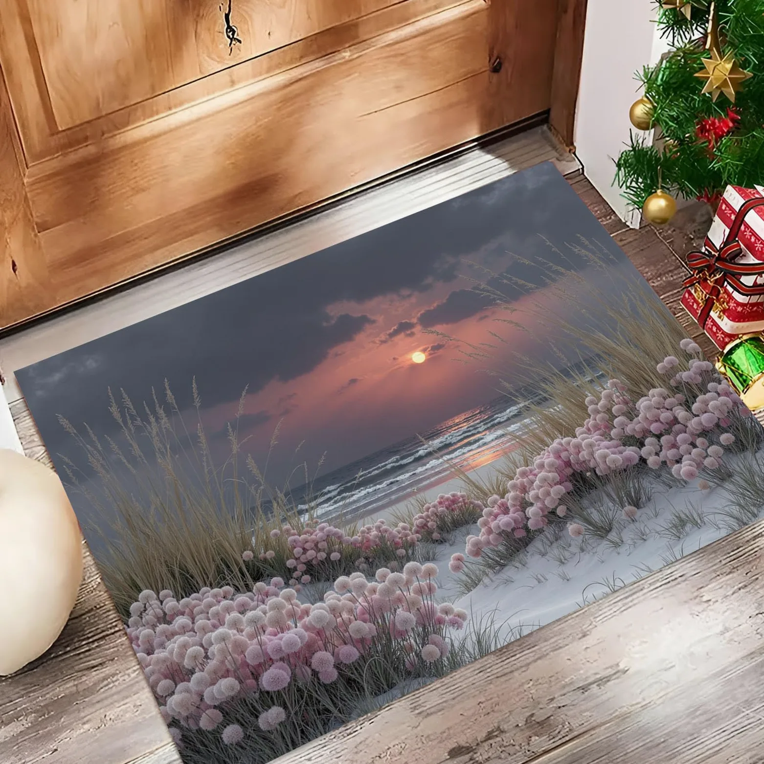 Tapis Sunset Beach 90X150Cm en Fausse Laine Rose Gris pour Salle De Bain Cuisine, Petit Paillasson D'Entrée D'Intérieur, Paysage Végétal, Tapis De Sol Antidérapant Lavable