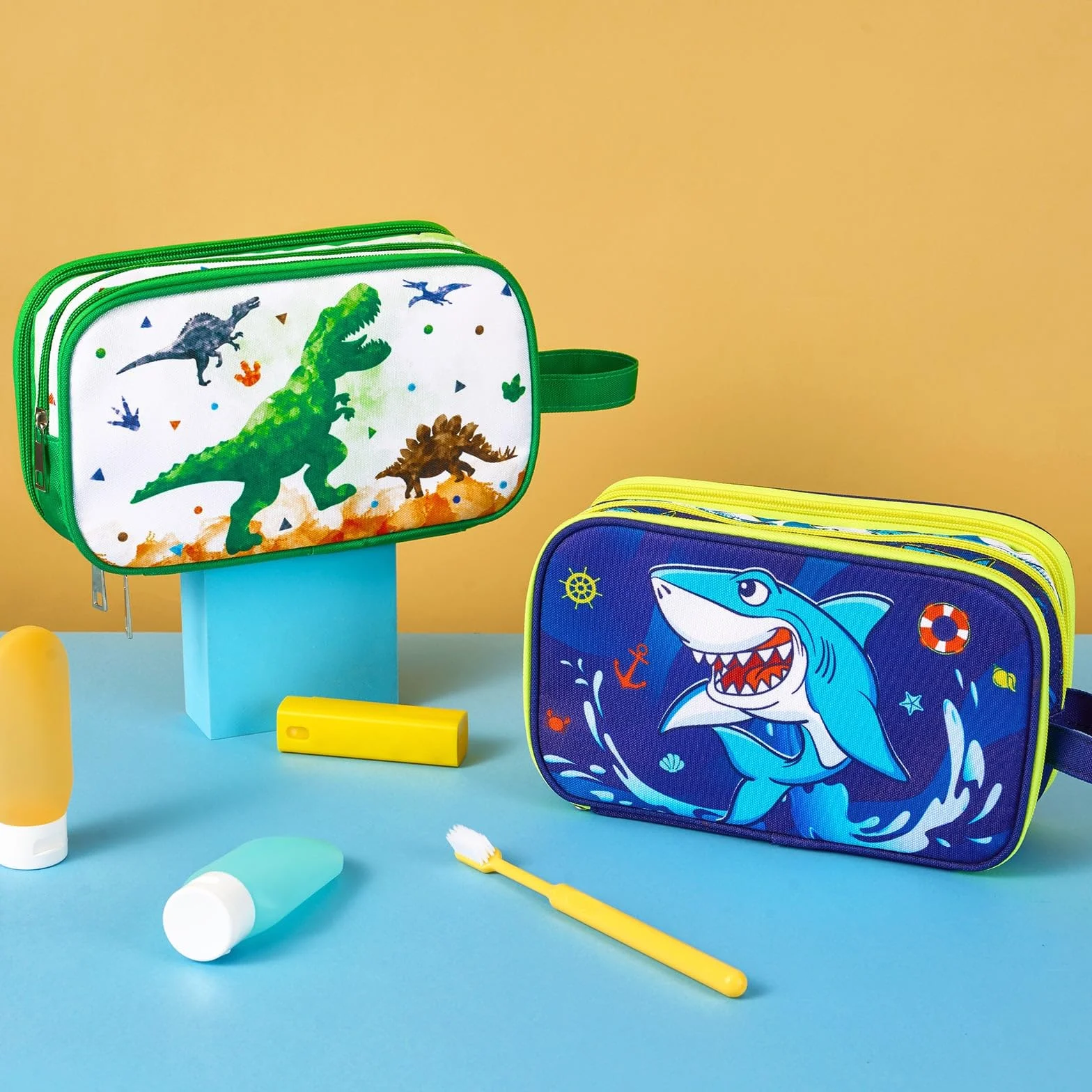WAWSAM Trousse de Toilette Enfant Dinosaure Sac de Toilettes Résistant à l'eau Portable Voyage