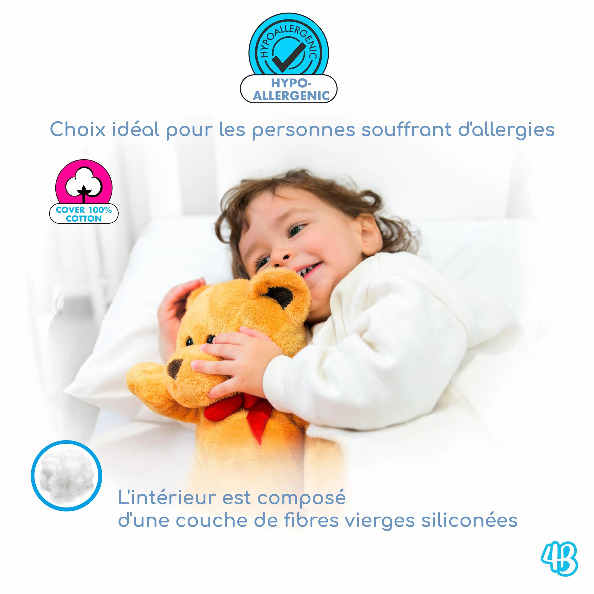 Oreiller Enfant 40x60 Coton 100% Italien Respirant Hypoallergénique Anti-acarien
