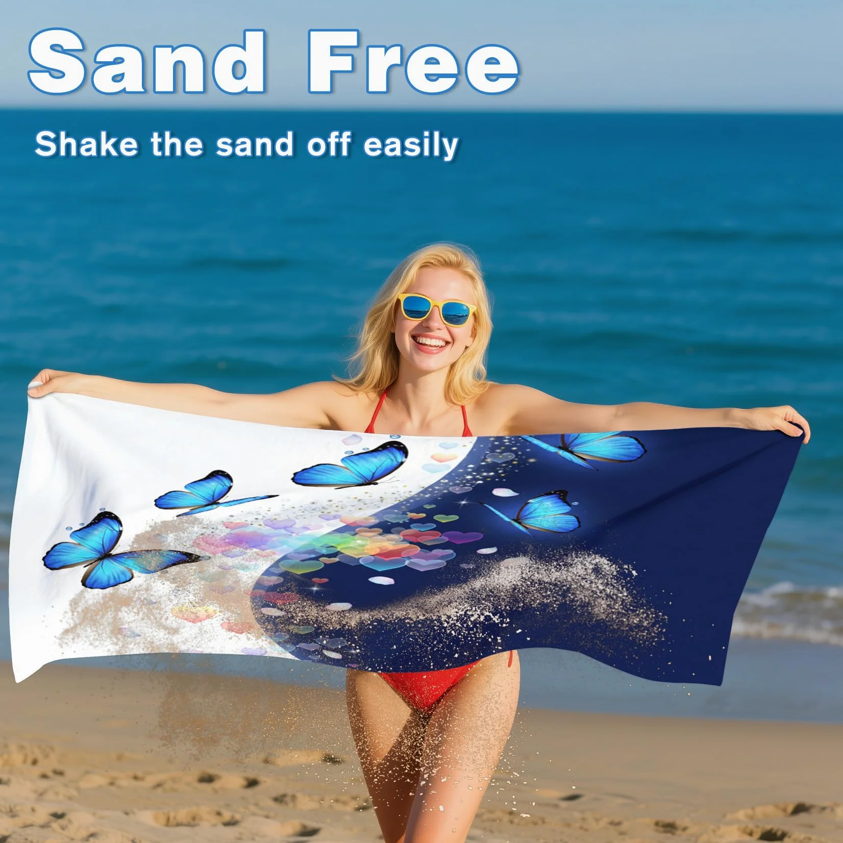 Serviette de Plage XXL Microfibre Papillon Bleu Cœur Romantique, Drap de Plage Séchage Rapide Anti Sable & Légère, Serviette de Bain Grande Taille 200x200 cm, Accessoire & Cadeau été