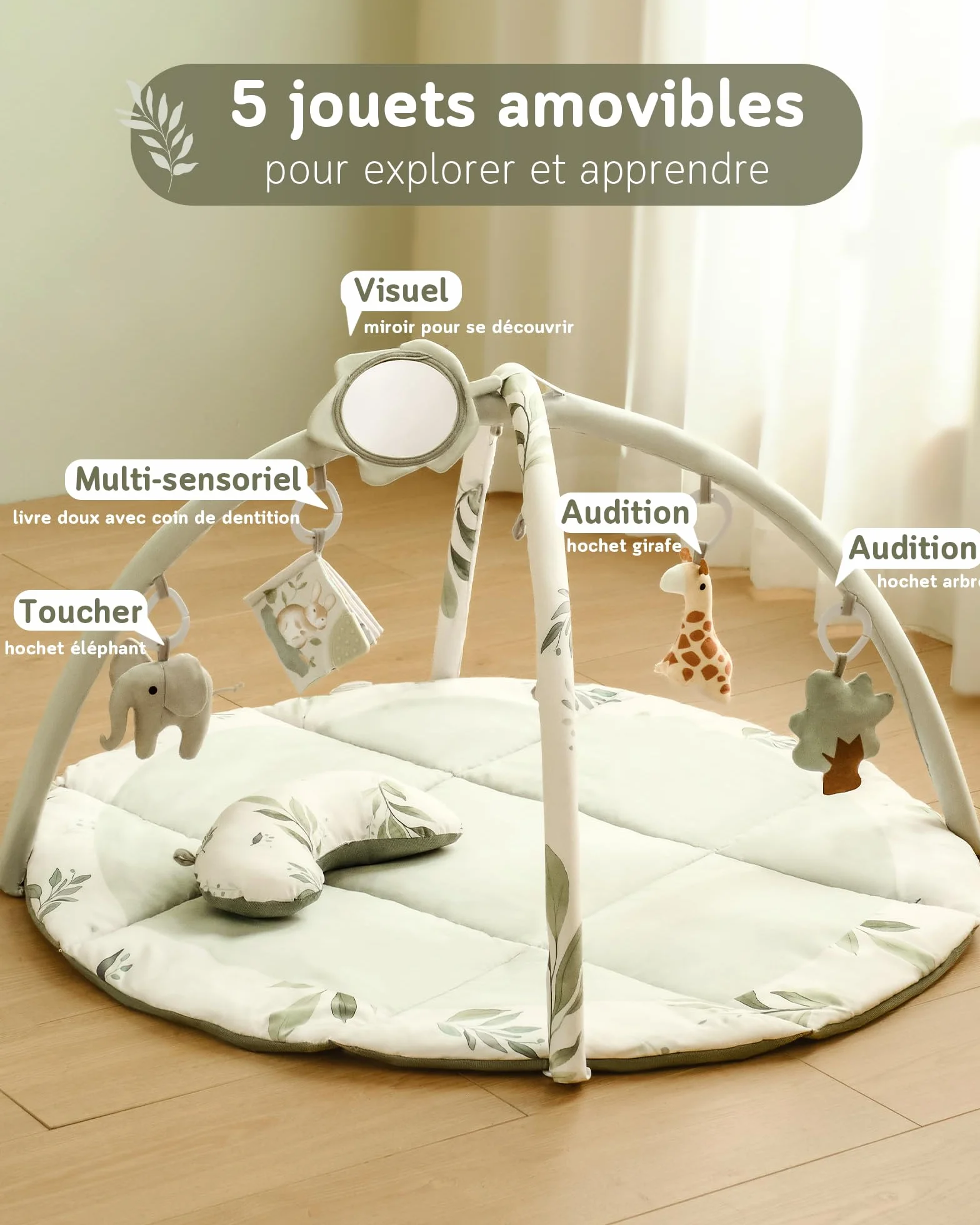 Tapis d'éveil Bébé avec Arche amovible et 5 Jouets d'activité, Thème Naturel, Fortella, Vert, pour Nouveau-né 0-12 Mois