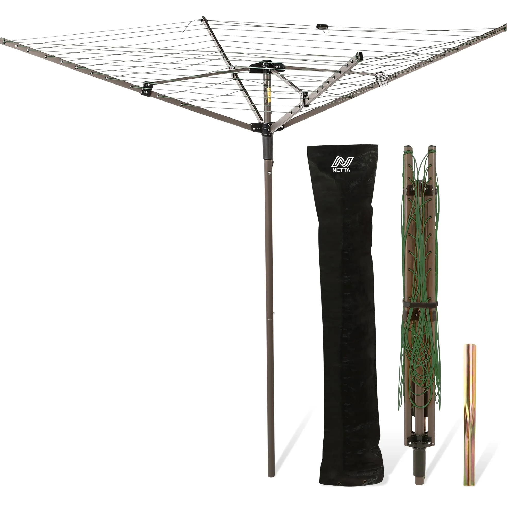 Netta Corde à Linge rotative 4 Bras 45 m Vert foncé, Housse et Piquet Inclus, Facile à Ouvrir et à Fermer, séchoir à Linge, séchoir à Linge, Corde à Linge de Jardin