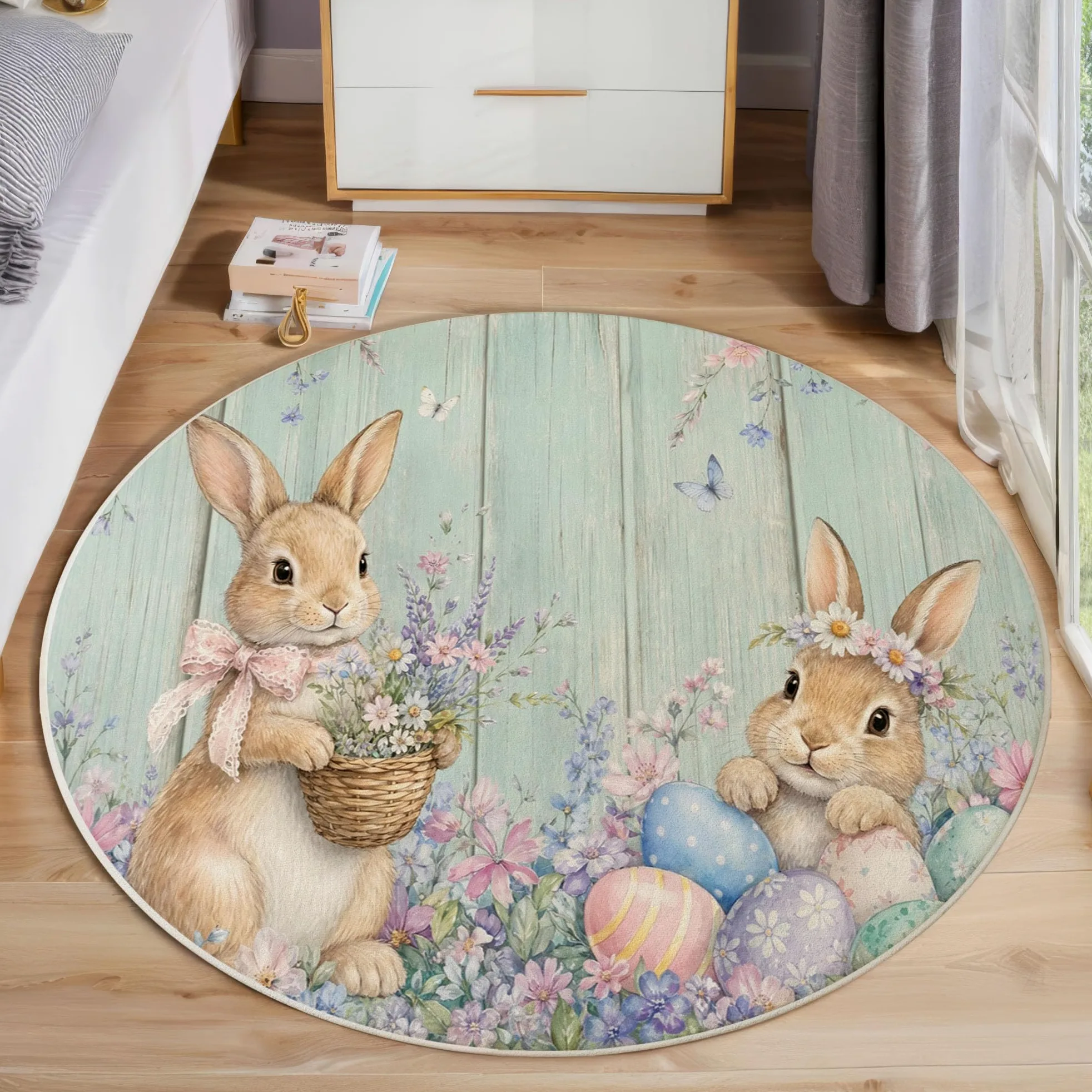 Tapis Rond Lavable Antidérapant Lapin De Pâques Mignon | Campagne Fleurs Grain De Bois Rond Tapis 120 Cm Doux Poil Ras Pour Salon Chambre Bureau, Vert Menthe Moquette Circulaire