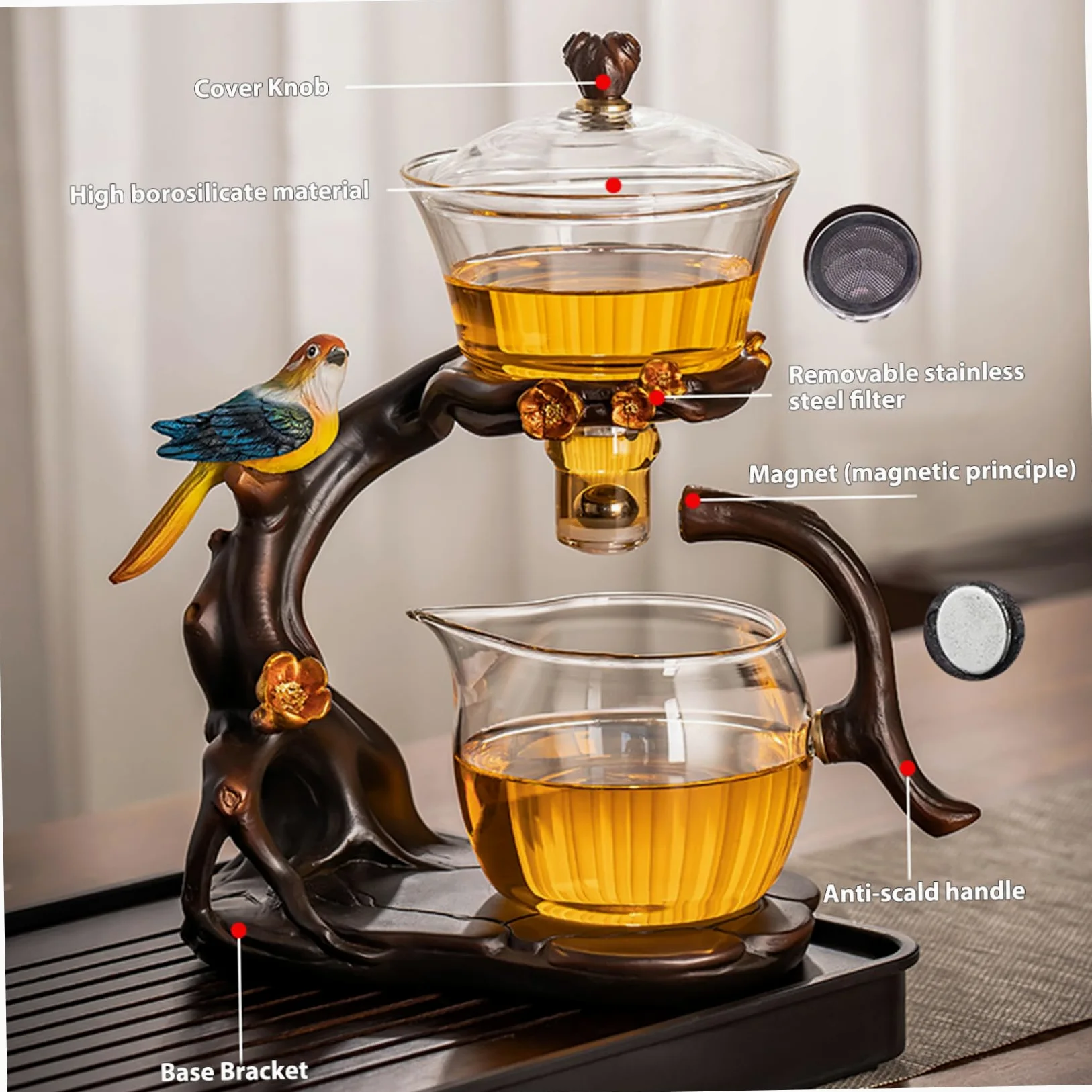 Ensemble de thé MAGNÉTIQUE KUN, théière en verre semi-automatique avec infuseur, 300 ml + 460 ml, 7.8x4.9x10.4 cm
