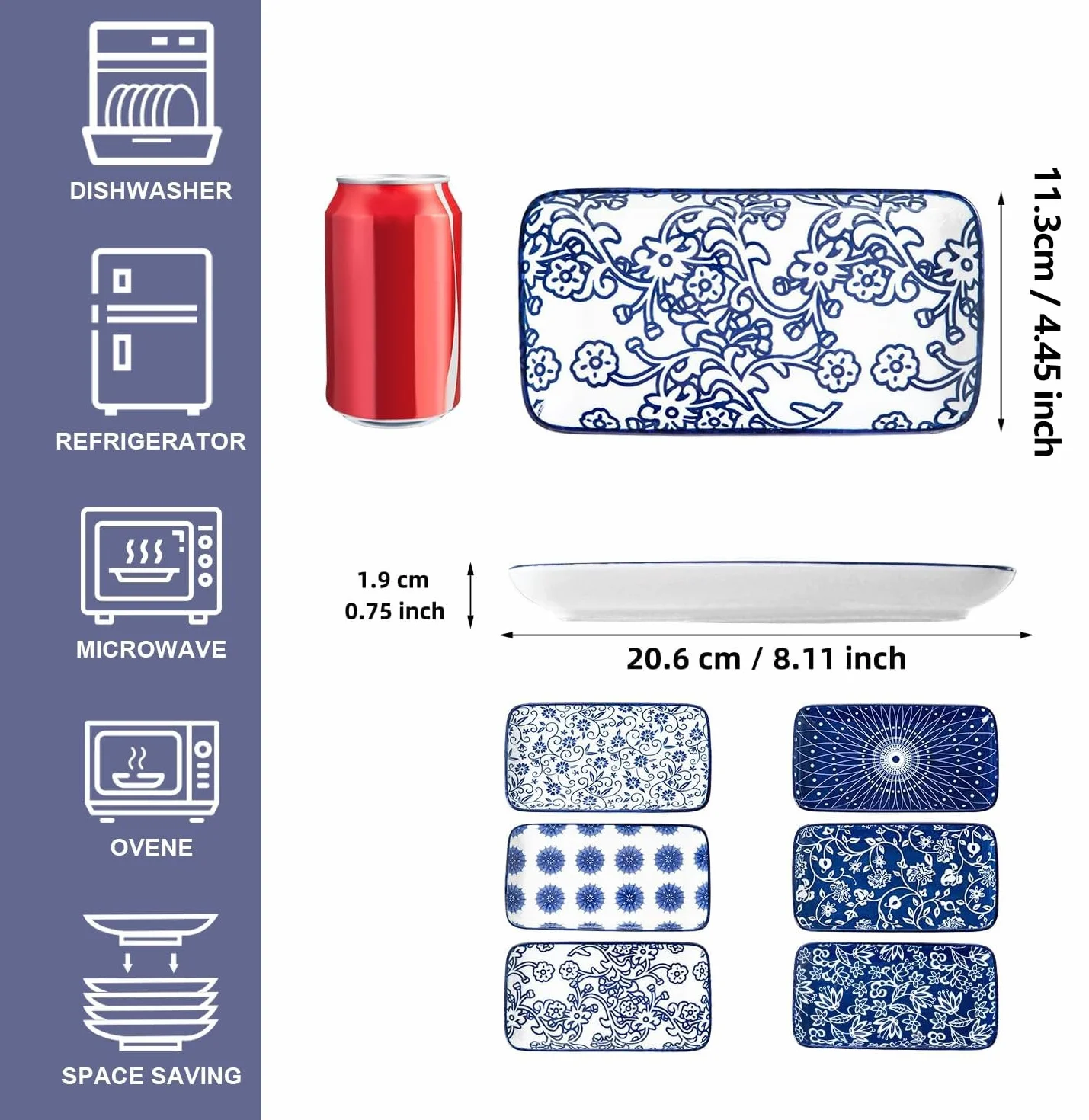Lot de 6 assiettes de service rectangulaires en céramique de 21 cm pour sushi, salade, dessert, pâtes, apéritif, passent au four, au micro-ondes, au lave-vaisselle, bleu vintage