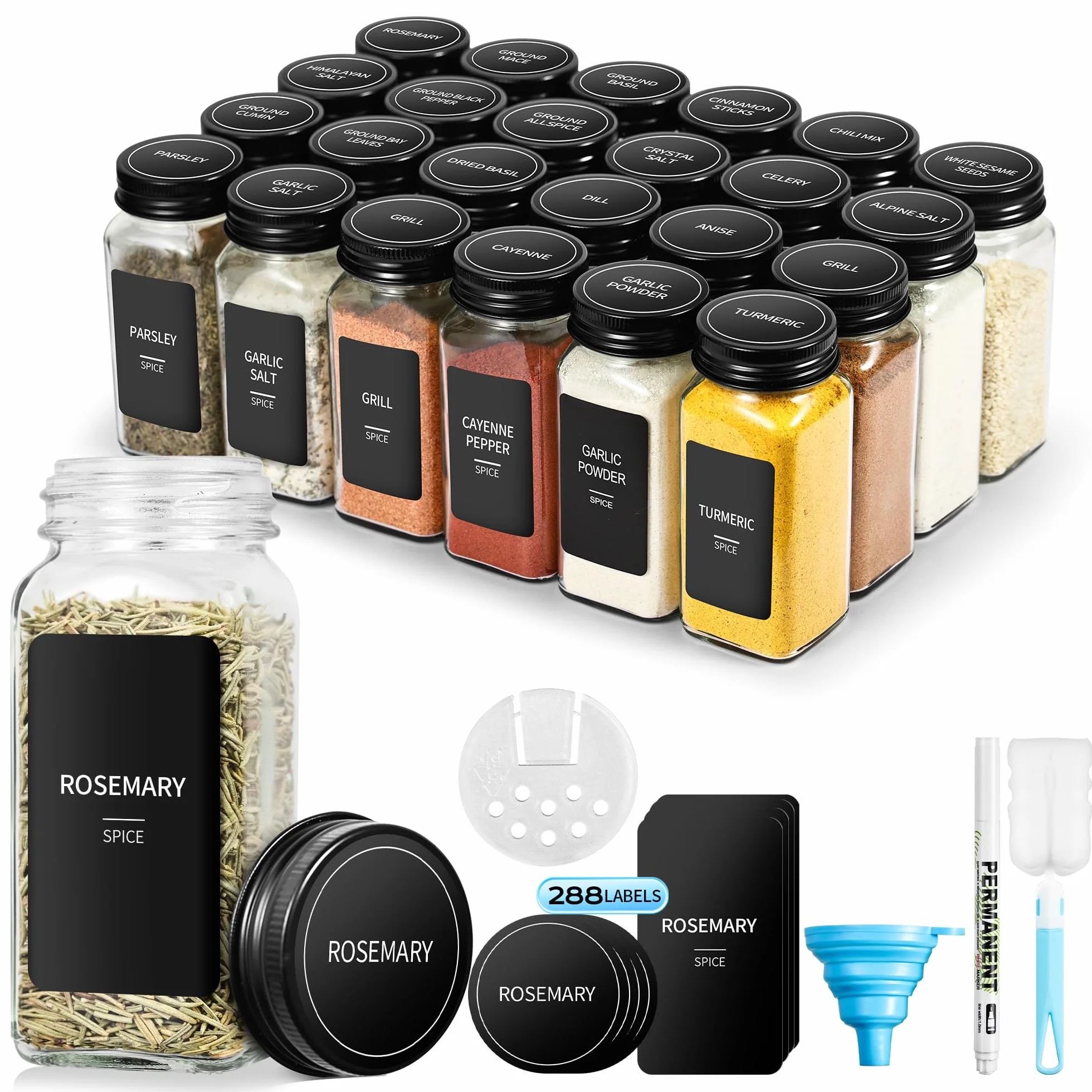 Bocaux à Épices Verre 120 ml avec Couvercles à Visser et Tamis, Lot de 24 avec 288 Étiquettes