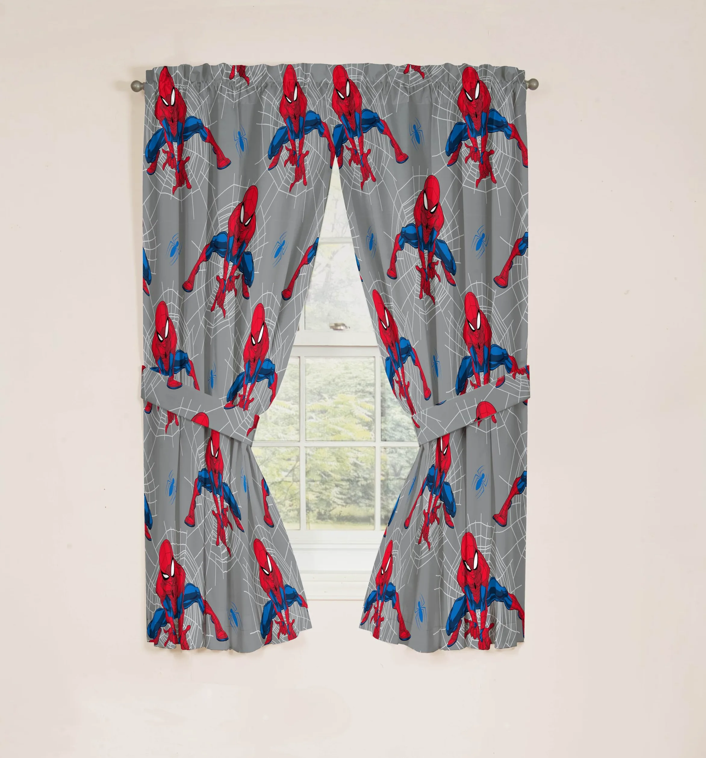 Jay Franco Lot de 2 rideaux de fenêtre pour chambre d'enfant avec 2 embrasses, gris – Spiderman, 106,7 cm de large x 160 cm de long