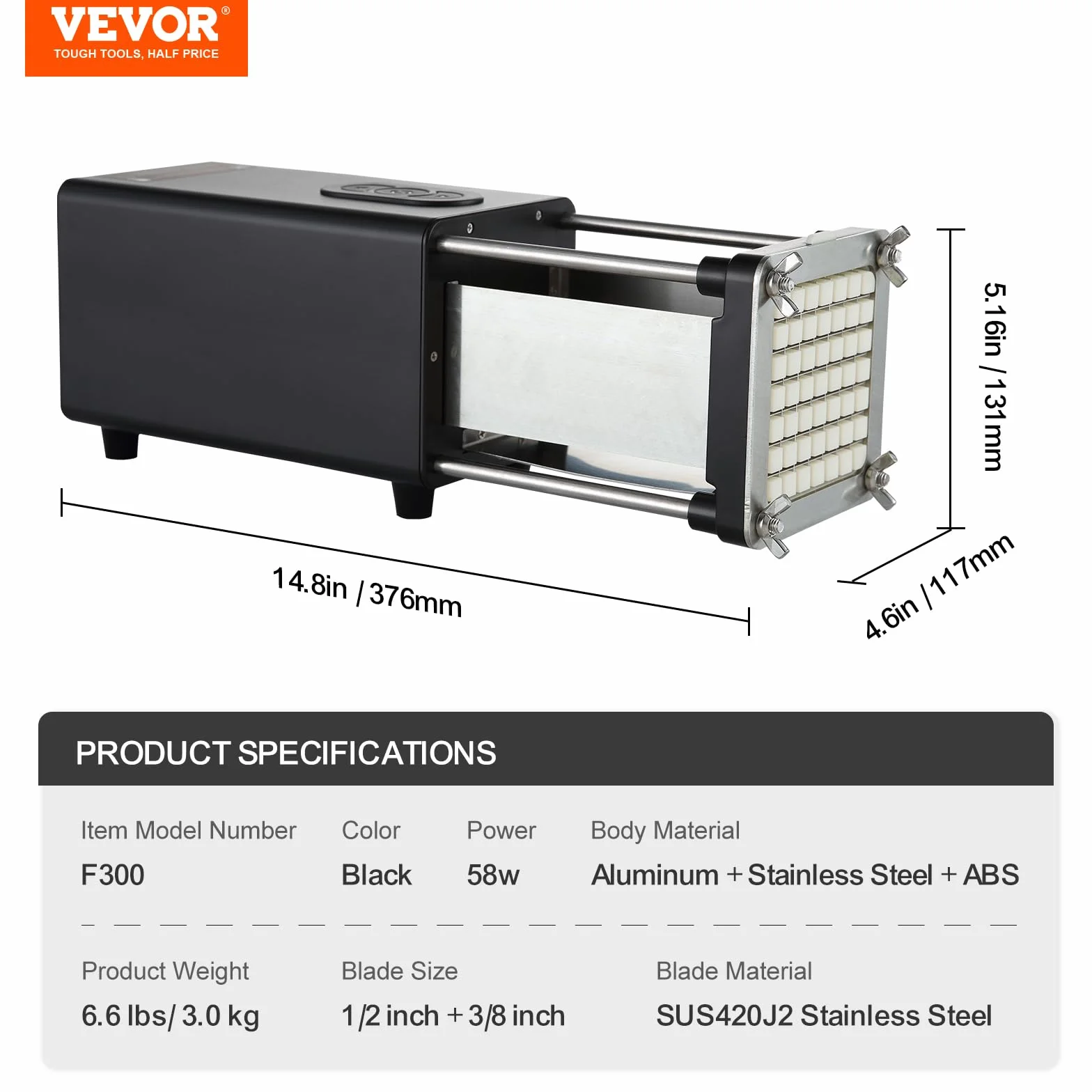 VEVOR Coupe-Frites Électrique, Coupe-Légumes Multifonction Lame Acier Inoxydable 12,7 mm 9,5 mm, Trancheuse Pommes de Terre