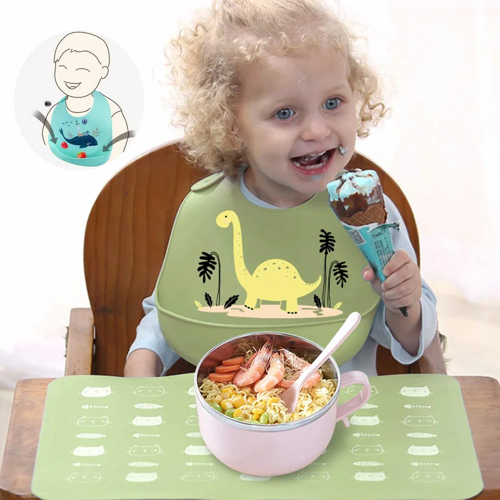 Atopo Lot de 3 Bavoir en Silicone d'alimentation étanche avec Ramasse-miettes pour Tout Petits Vert