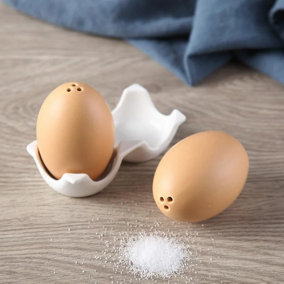 Salière et poivrière créative en céramique, mini ensemble en forme d'œuf marron avec support en carton
