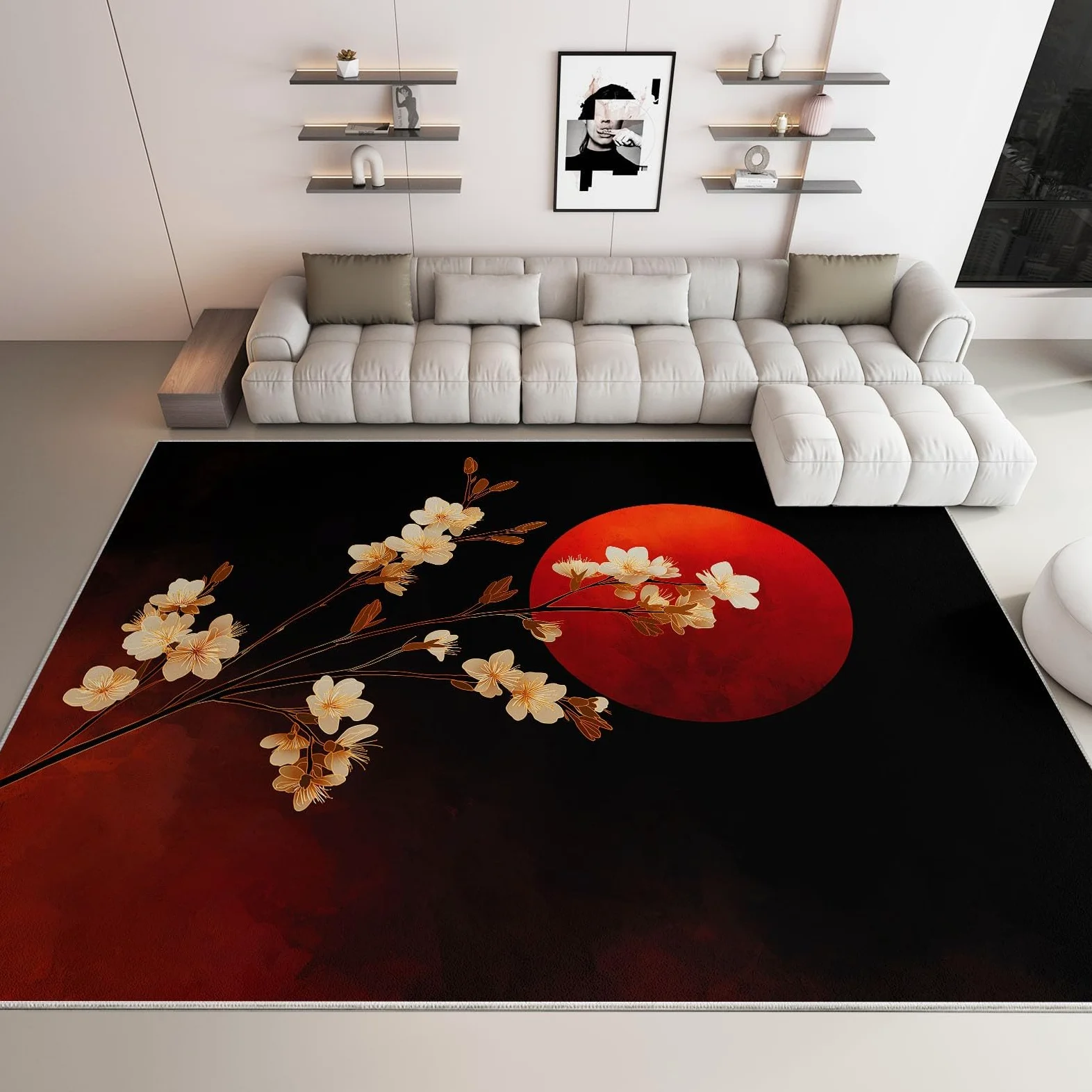 Antidérapante Tapis de Salon Chambre - Salon Super Doux Salle à Manger Faux Tapis en Laine, Motif Fleurs crème Soleil Rouge Style Japonais Rug Décoratif Résistant Lavable Noir et Rouge 120 x 180cm